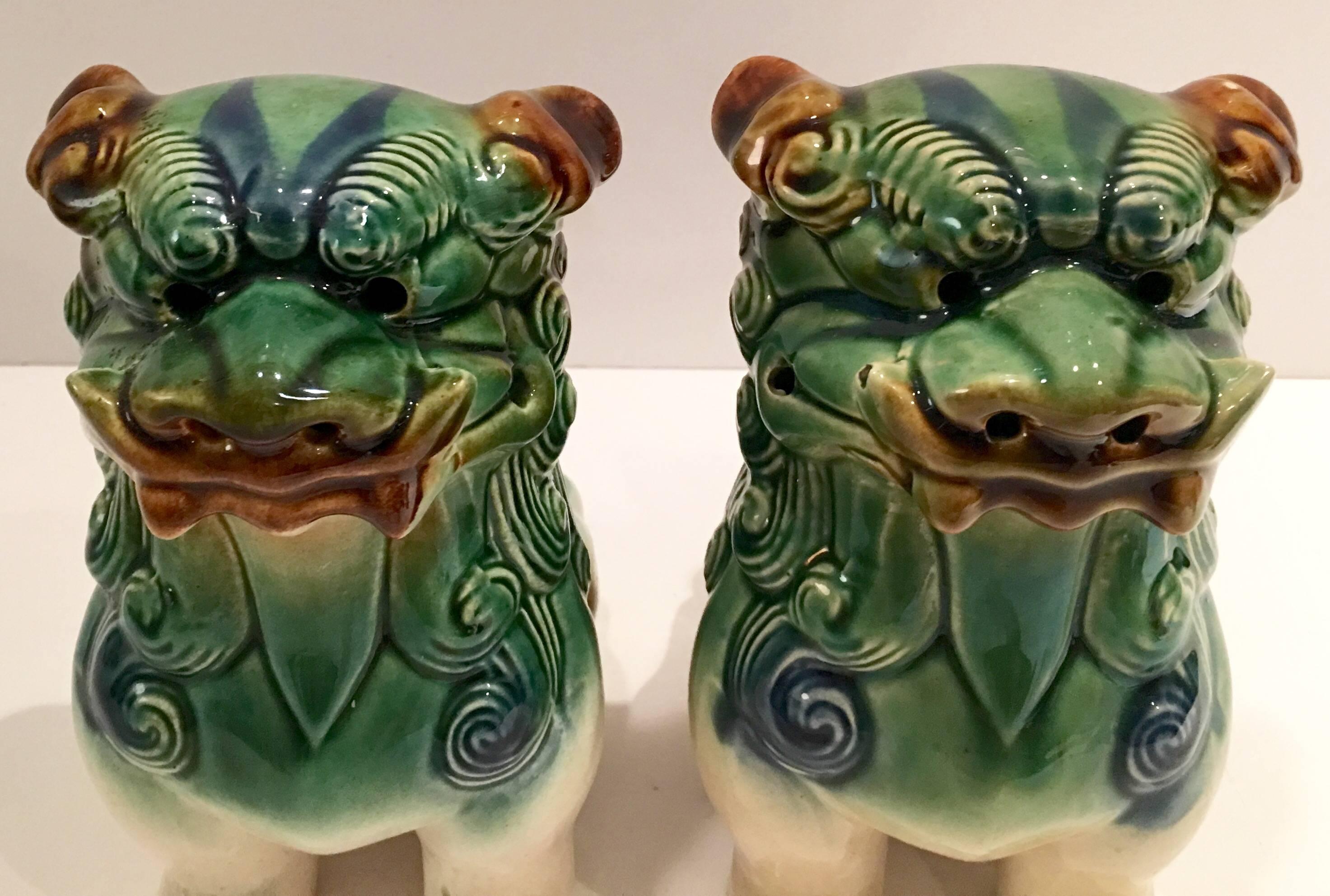 Pair of Chinese Polychrome Ceramic Glaze Foo Dogs 2