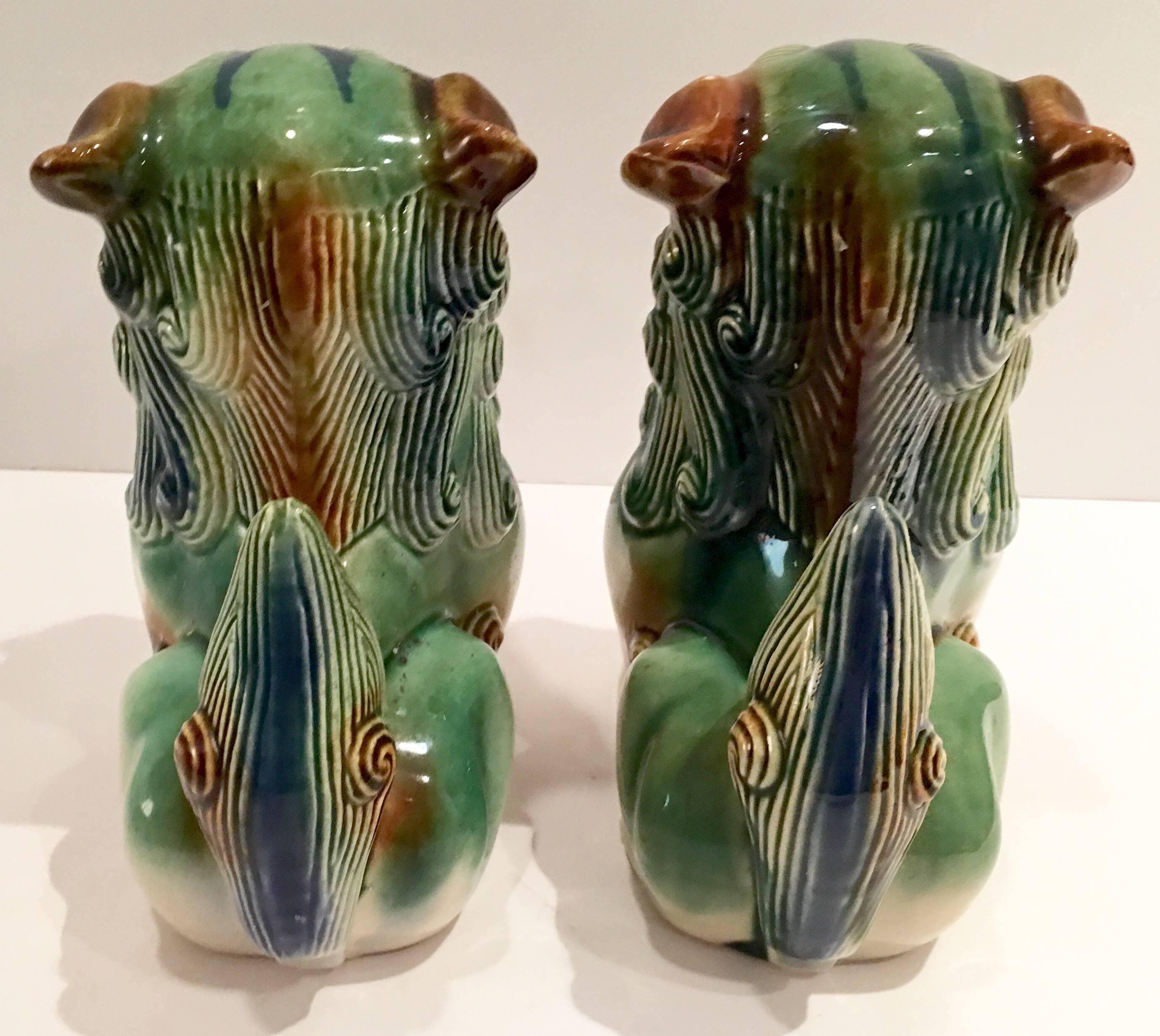 Pair of Chinese Polychrome Ceramic Glaze Foo Dogs 1