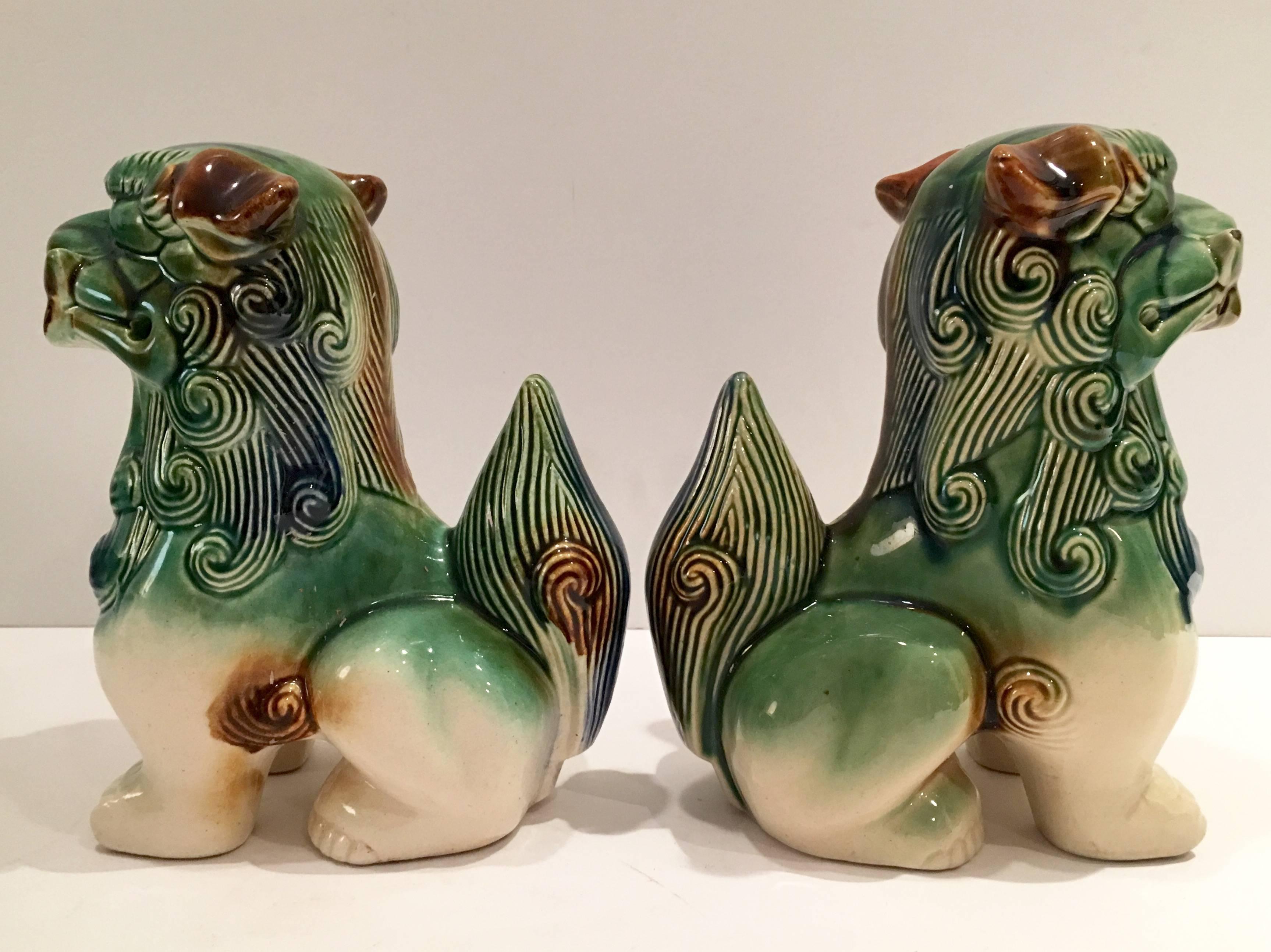 20th Century Pair of Chinese Polychrome Ceramic Glaze Foo Dogs