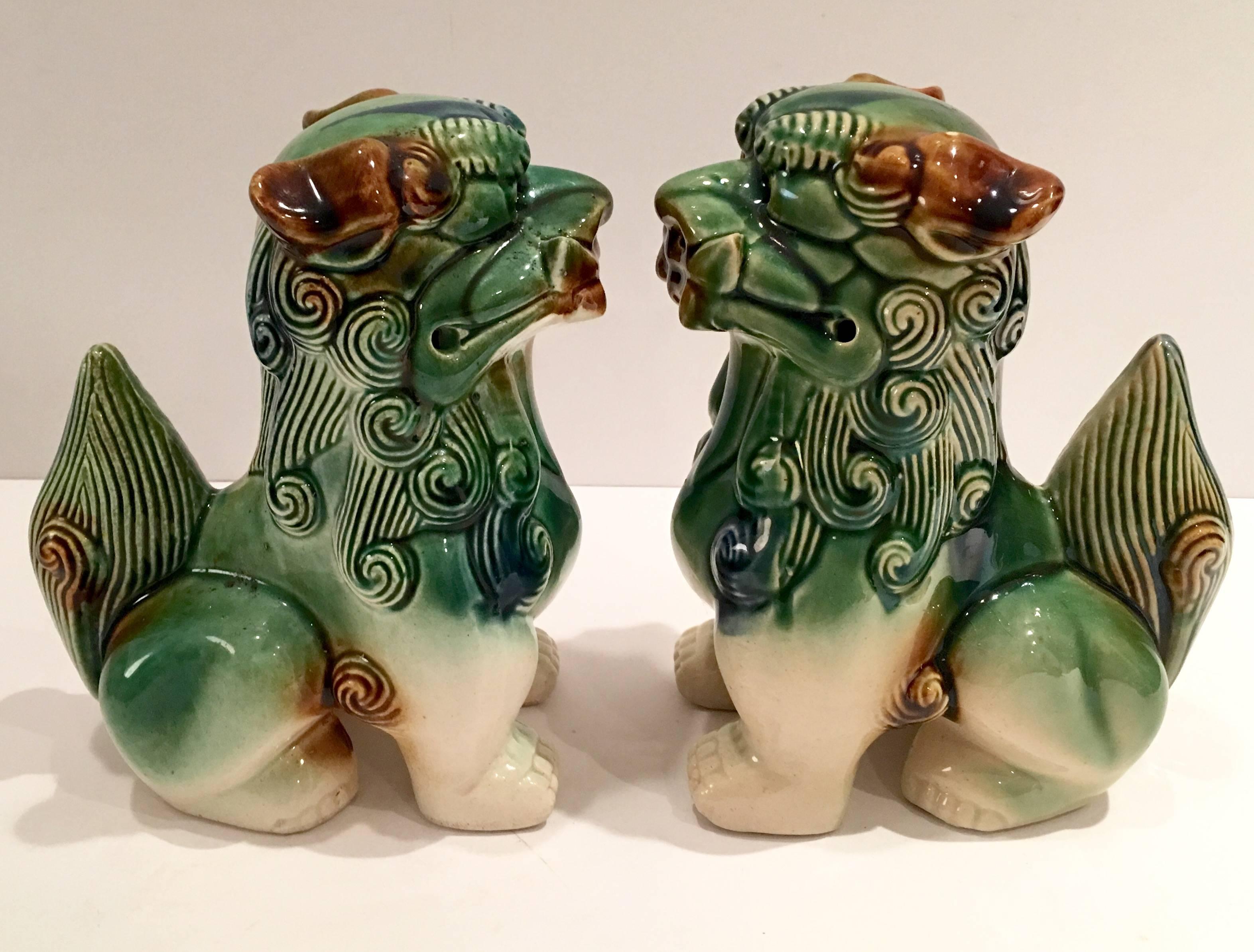 Pair of Chinese Polychrome Ceramic Glaze Foo Dogs In Excellent Condition In West Palm Beach, FL