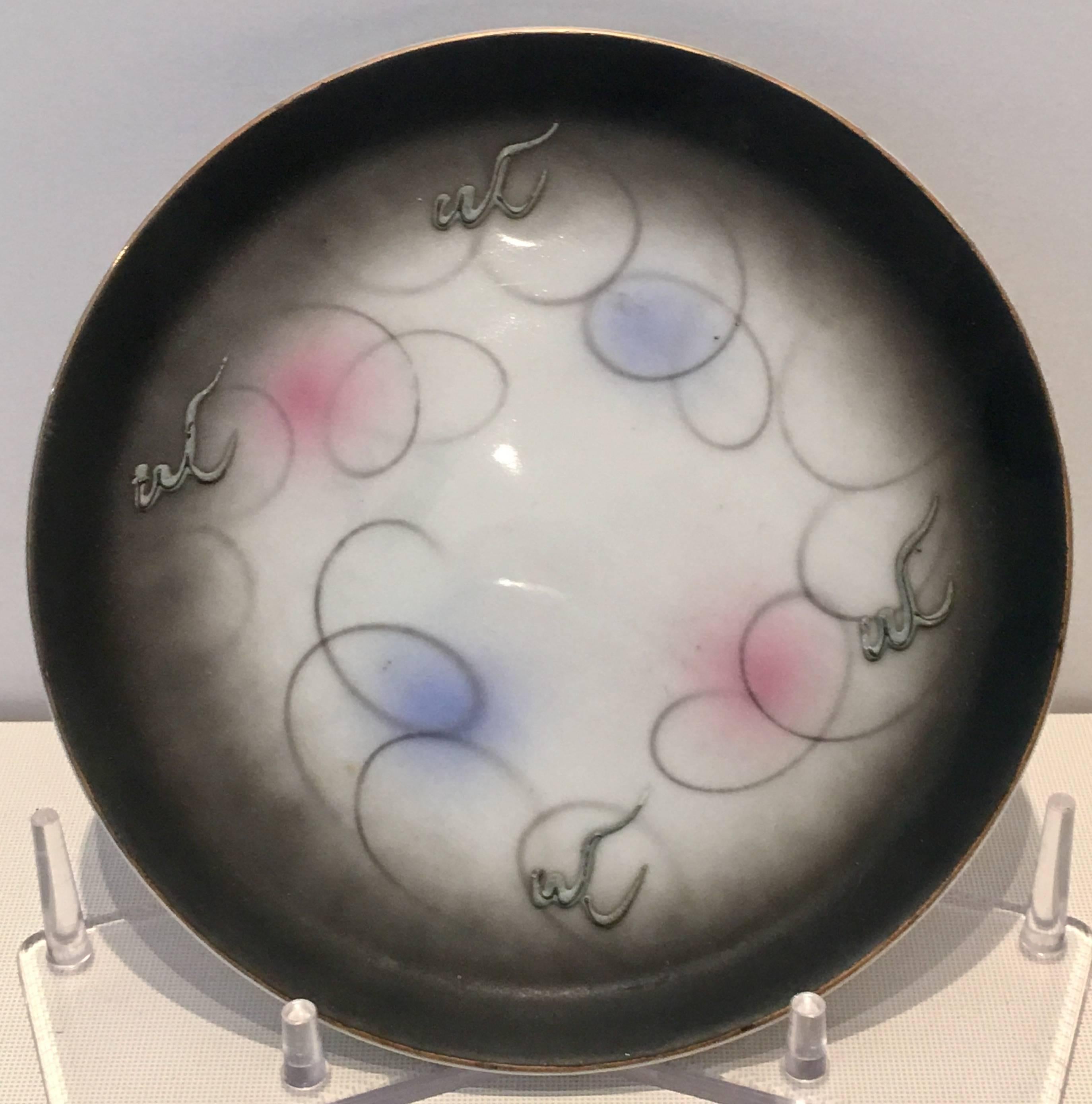 Japonisme Mid-Century Porcelain Moriage Dragon Ware Saki Set of Eight