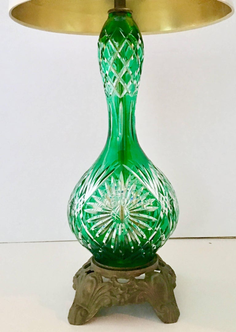 Vintage Bohemia Cut to Clear Crystal Emerald Lamp For Sale at 1stdibs