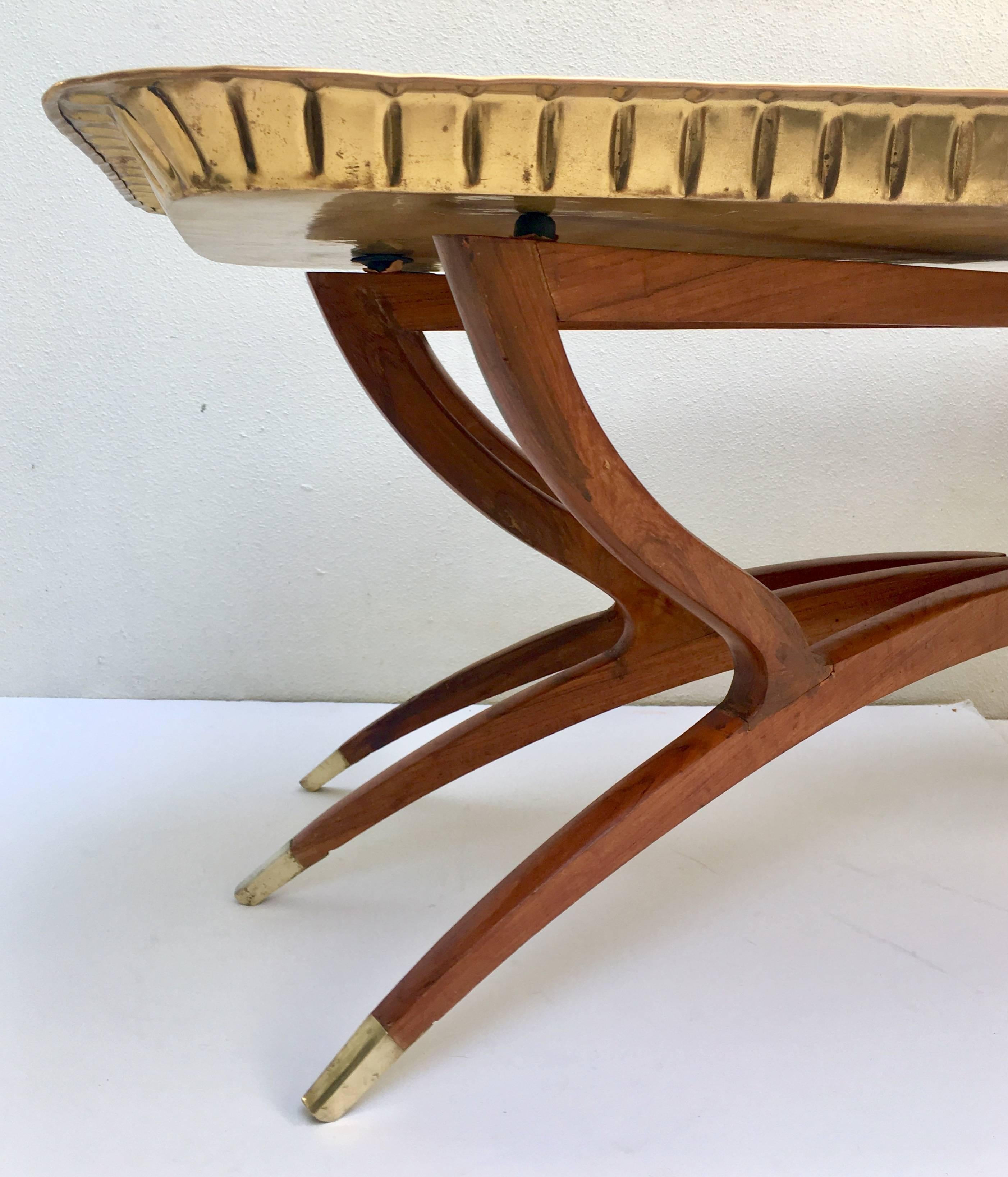 Mid-Century Moroccan Style Etched Brass and Mahogany Spider Table In Excellent Condition In West Palm Beach, FL