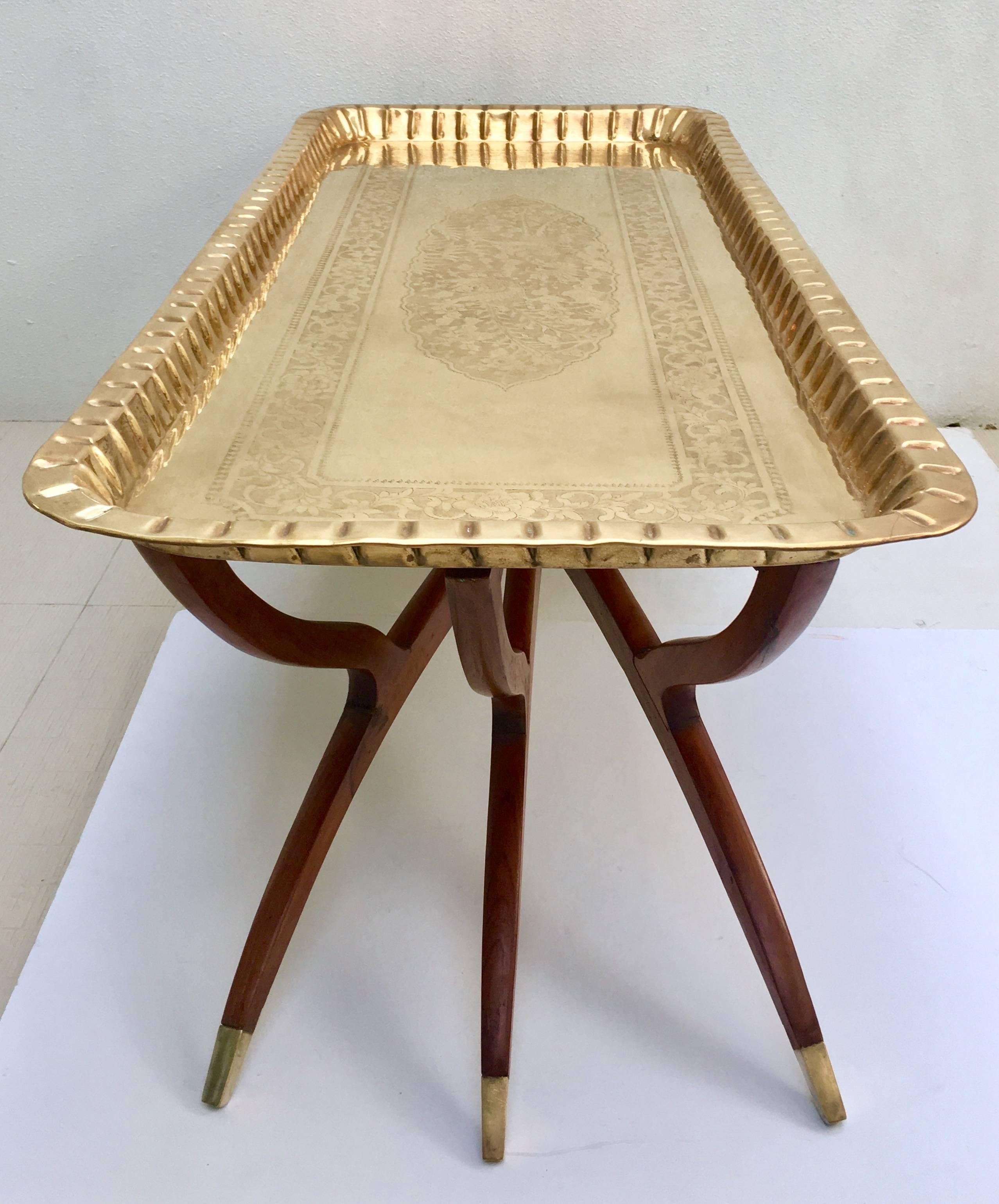 Hong Kong Mid-Century Moroccan Style Etched Brass and Mahogany Spider Table