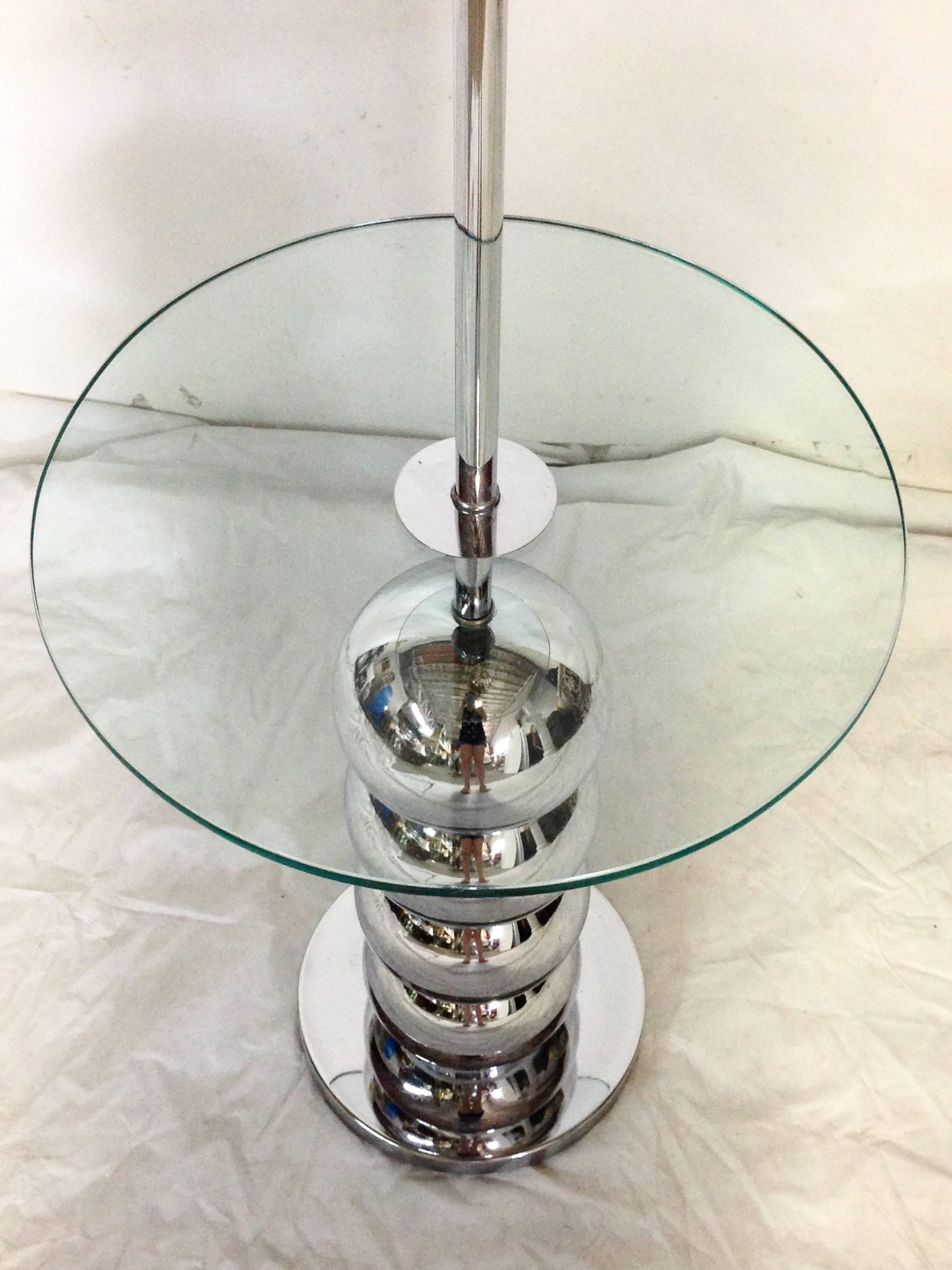 Brass Pair of Mid-Century Modern Laurel Style Chrome Ball & Glass Table Floor Lamps For Sale