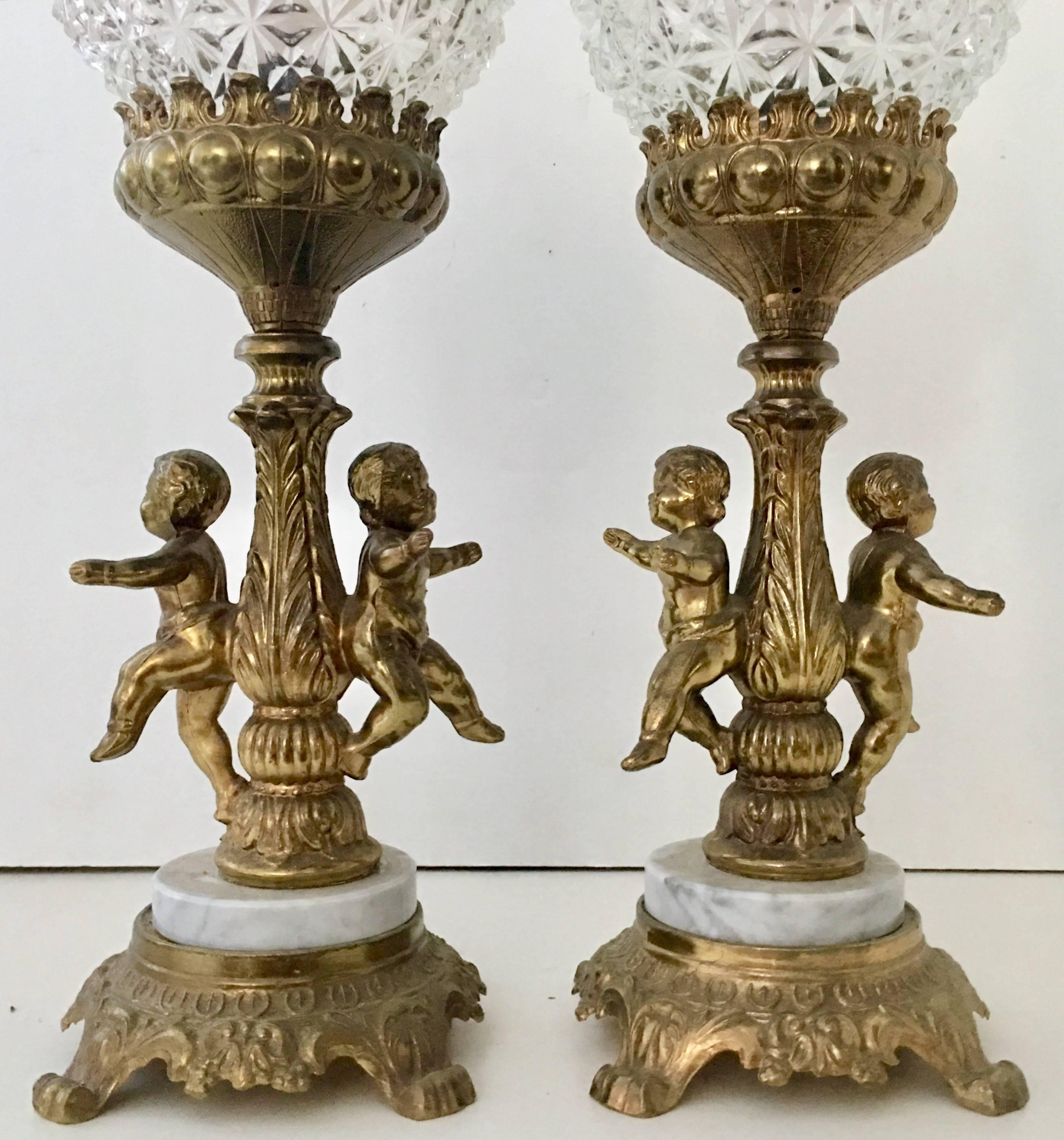 European Pair of French Style Bronze Ormolu and Marble Putti Electrified Oil Lamps