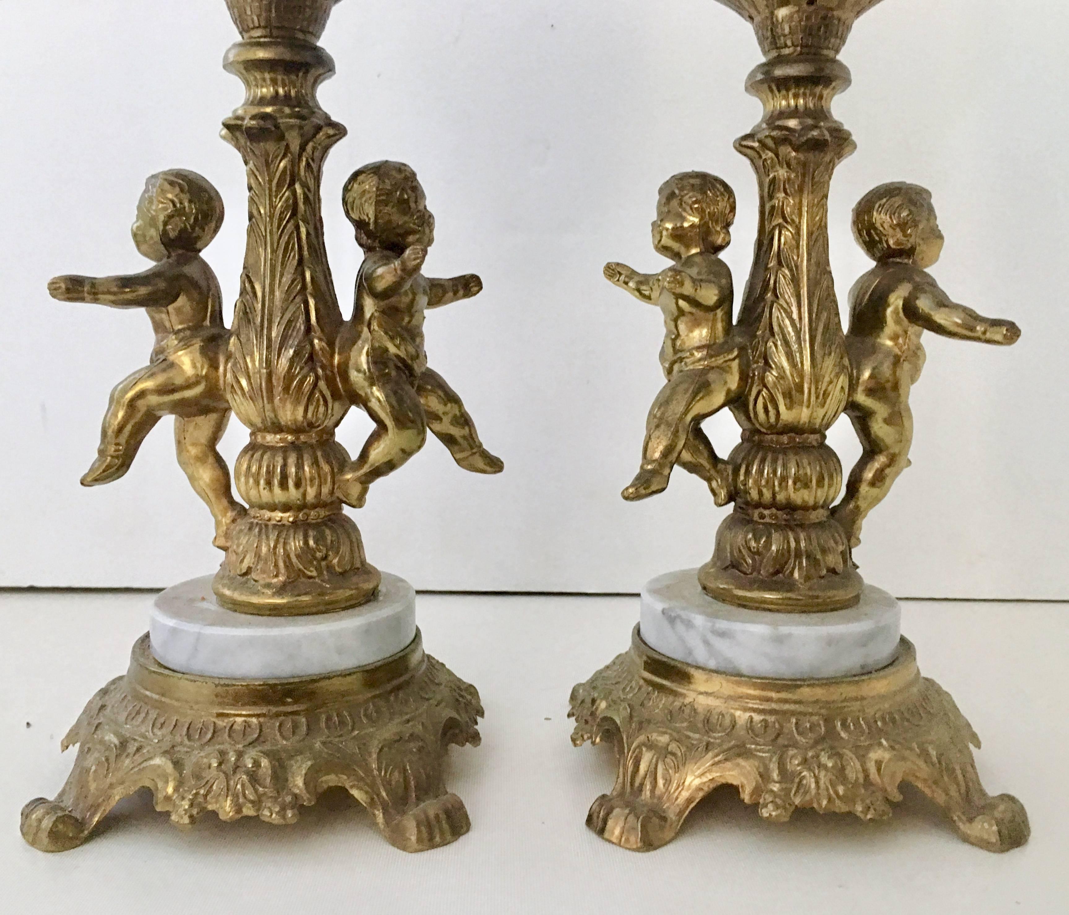 Pair of French Style Bronze Ormolu and Marble Putti Electrified Oil Lamps In Excellent Condition In West Palm Beach, FL