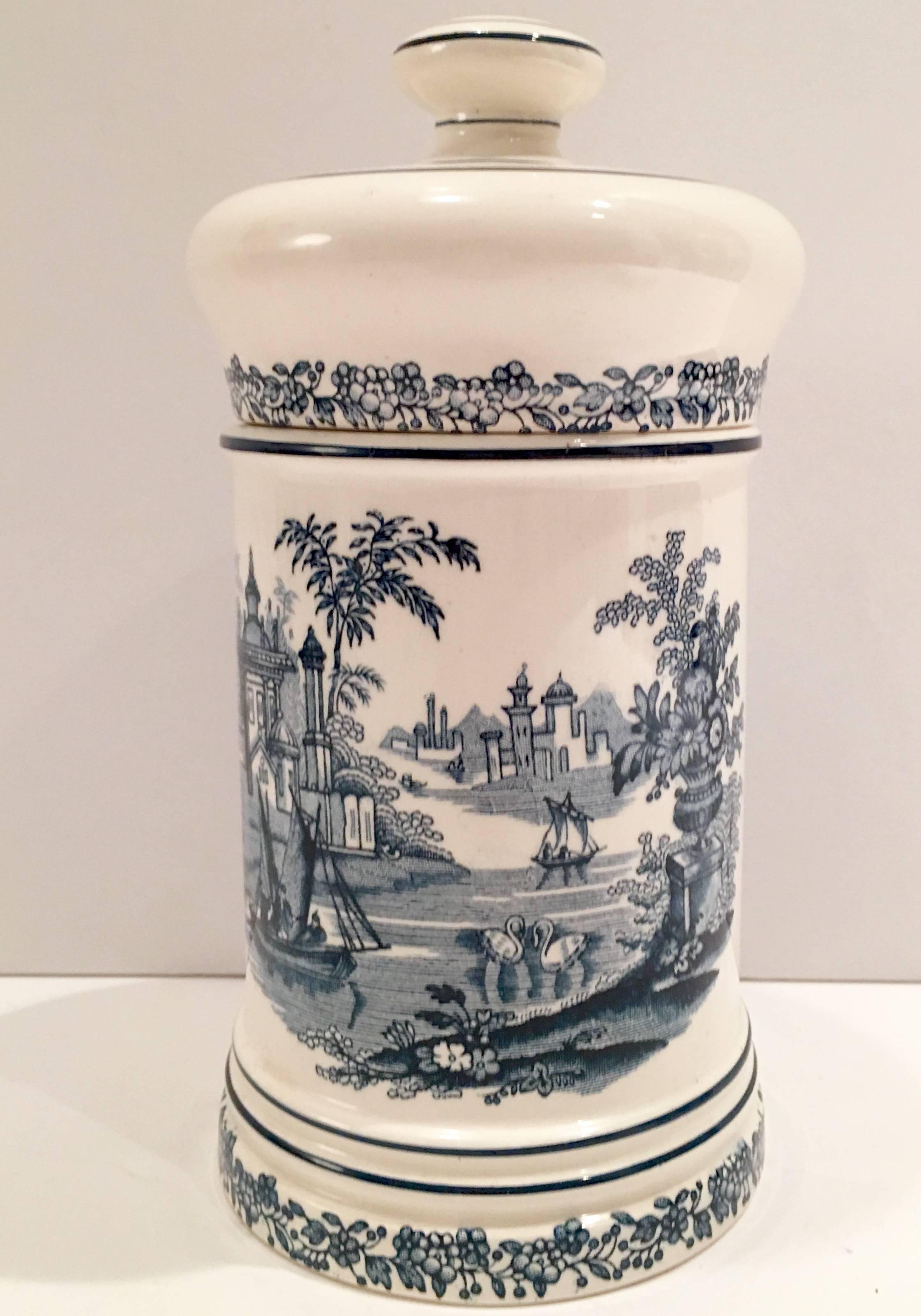 1930'S rare Spanish ceramic" humijar" lidded jar. Features a white ground with blue country estate motif. Signed on the underside, La Cartuja De Sevilla, made in Spain.