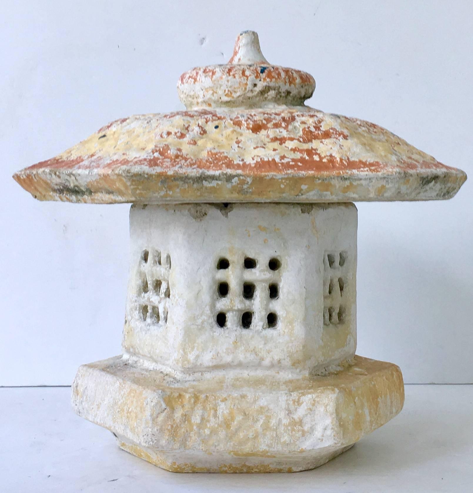 Midcentury Japanese cast stone two-piece lantern garden sculpture. Coveted patina and wear present.