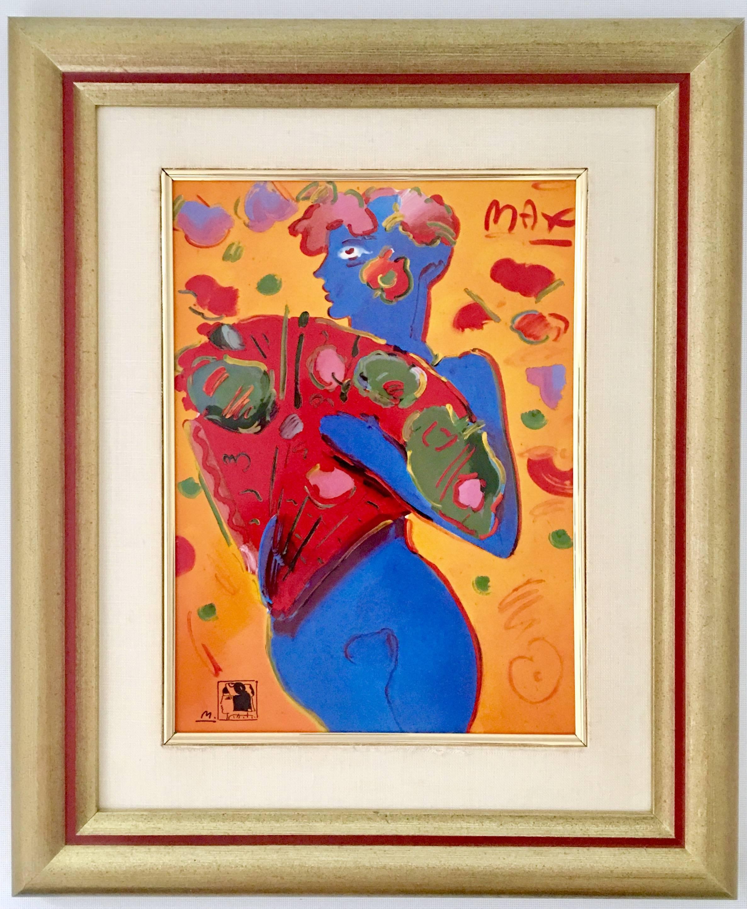 20th century, Peter Max oil on porcelain plaque, framed and singed lower left, Peter Max. This limited edition piece includes the COA located on the reverso. 
Edition Remarque (lower right) COA, Franklin MInt, Elizabeth Jennings. Framed in a gold