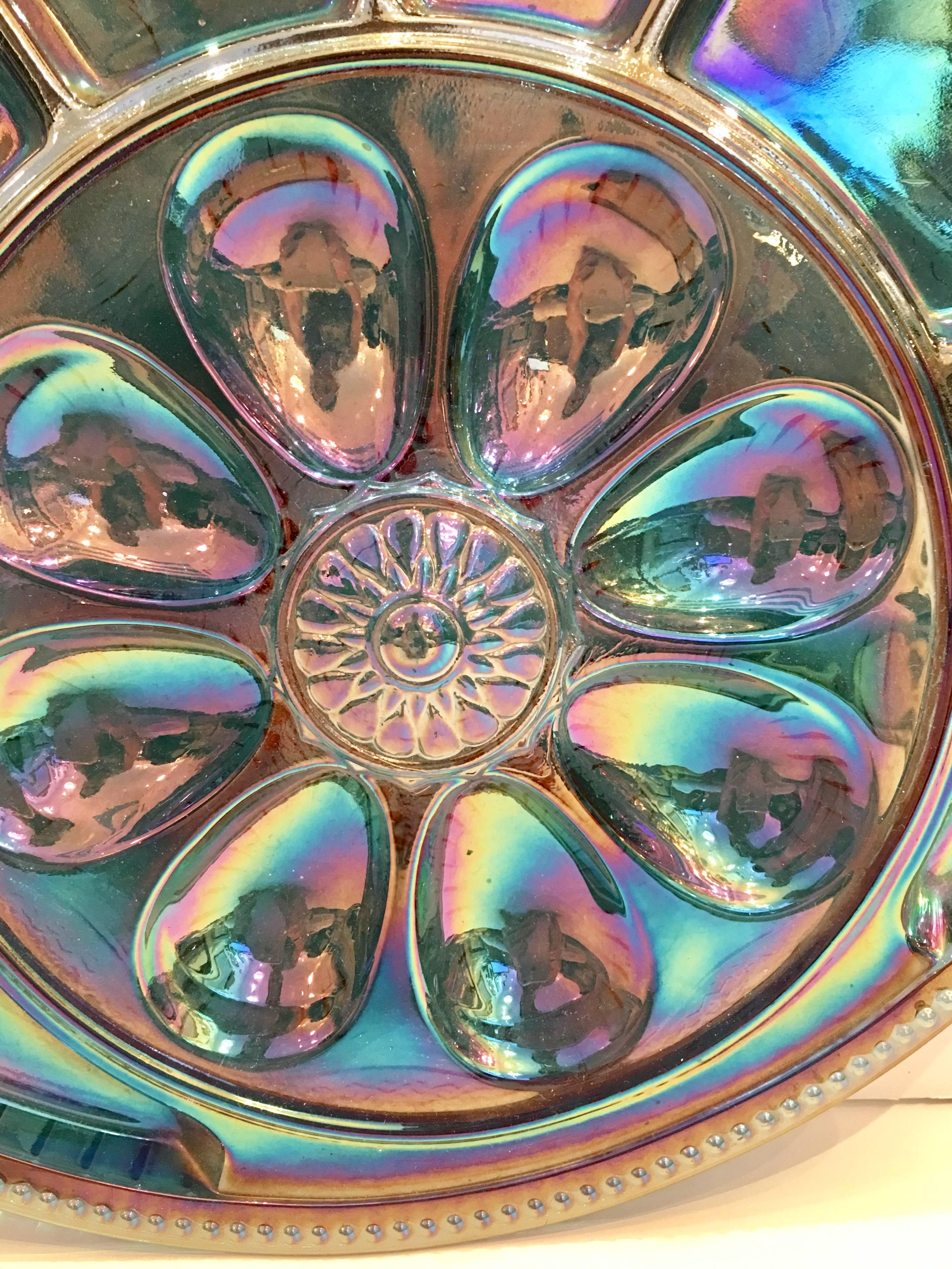 Midcentury iridescent blue round egg, hors d'oeuvres tray by, Indiana glass. Features an etched 