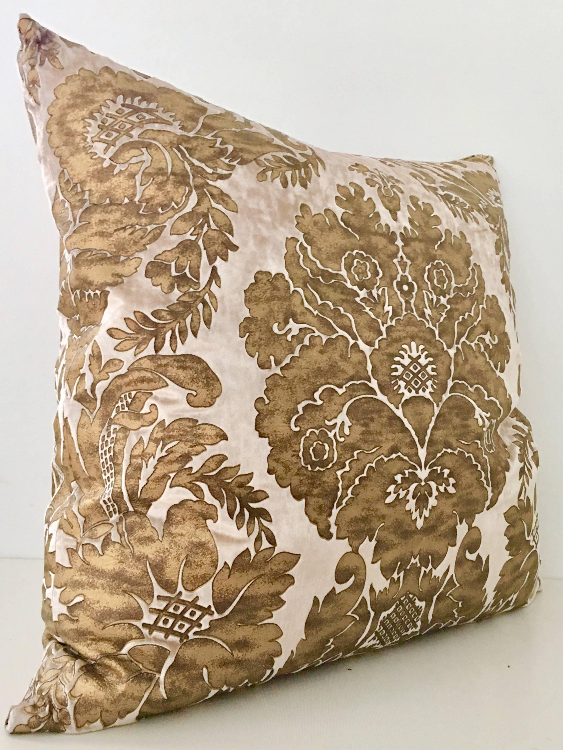 Pair of contemporary down filled 22" inch square pillows. Shimmering copper over taupe cut velvet damask pillow. Insert is down/feather combination with a hidden zipper for easy removal. Dry clean only. Original manufacturer tag intact,
