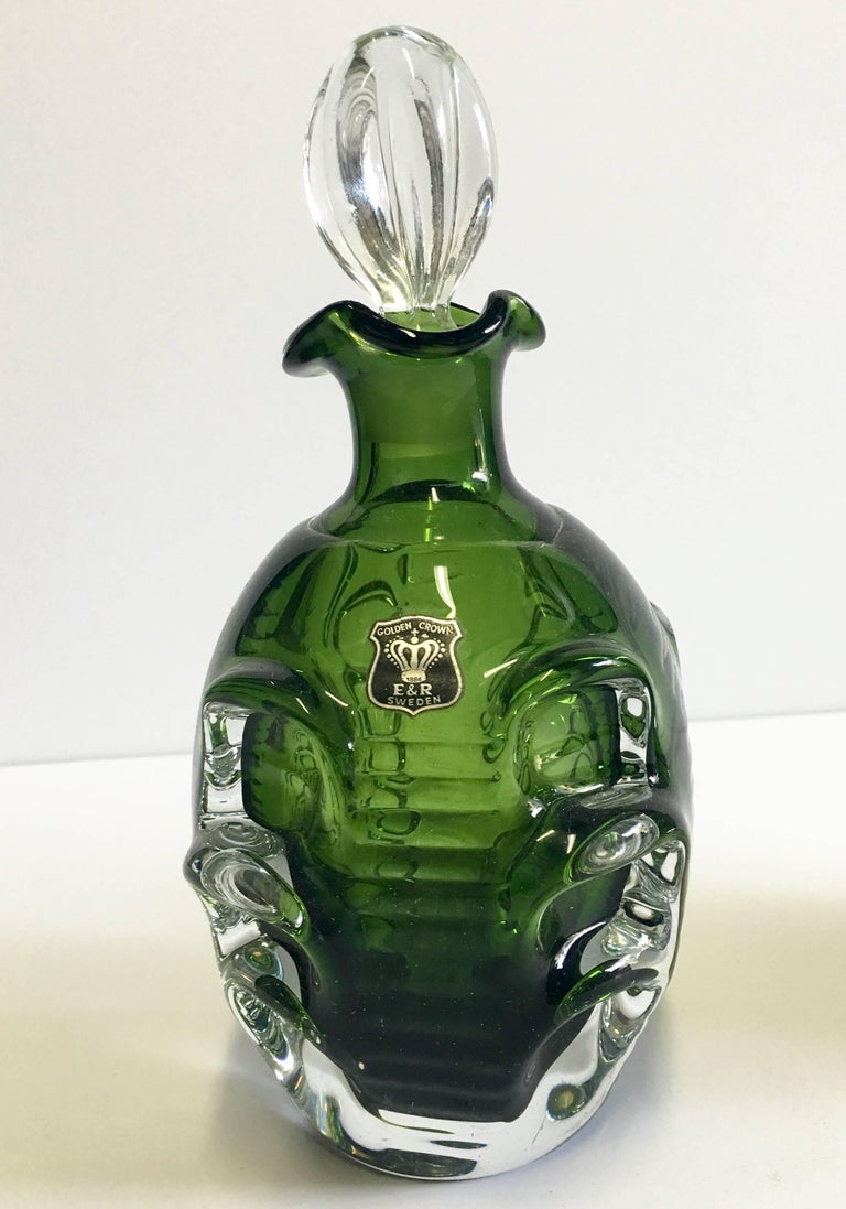 Pair Of MidCentury Modern Swedish Emerald Green Blown Glass Decanters For Sale at 1stDibs