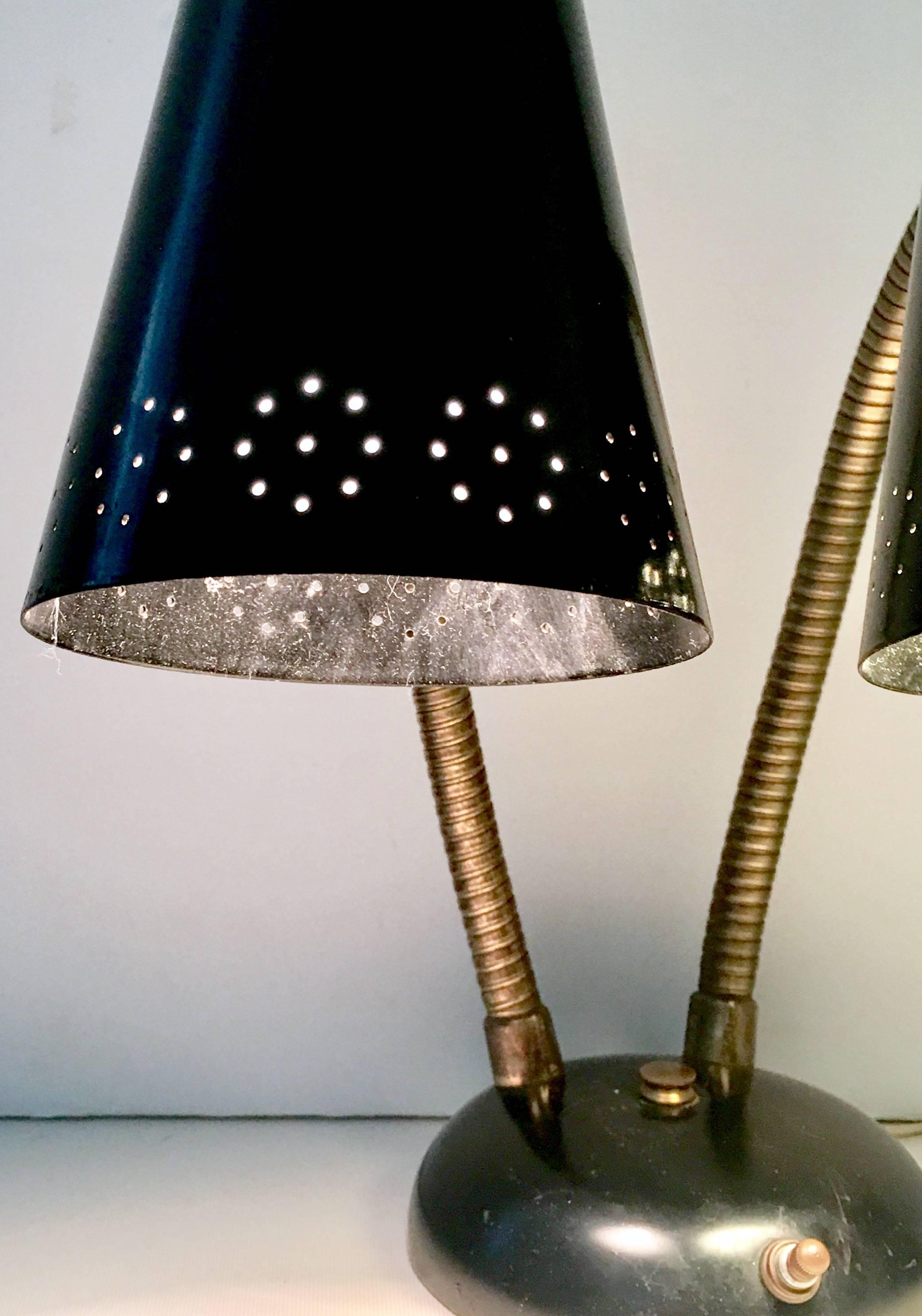 1950s Laurel Style Two Cone Goose Neck Metal and Brass Desk Lamp In Excellent Condition In West Palm Beach, FL
