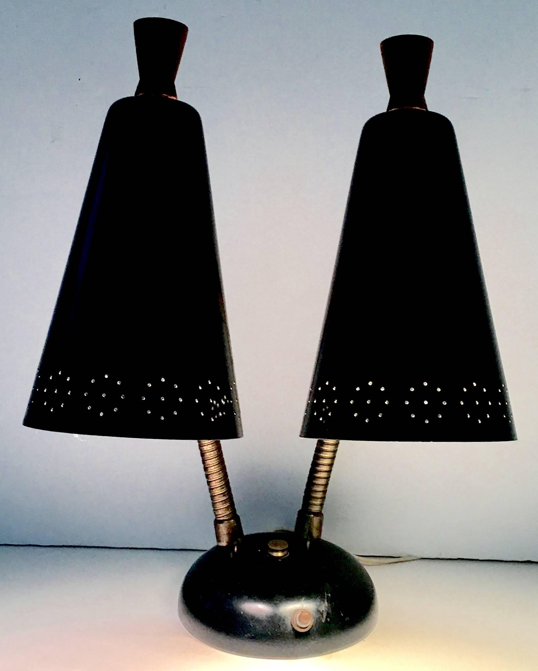 Mid-Century Modern 1950s Laurel Style Two Cone Goose Neck Metal and Brass Desk Lamp