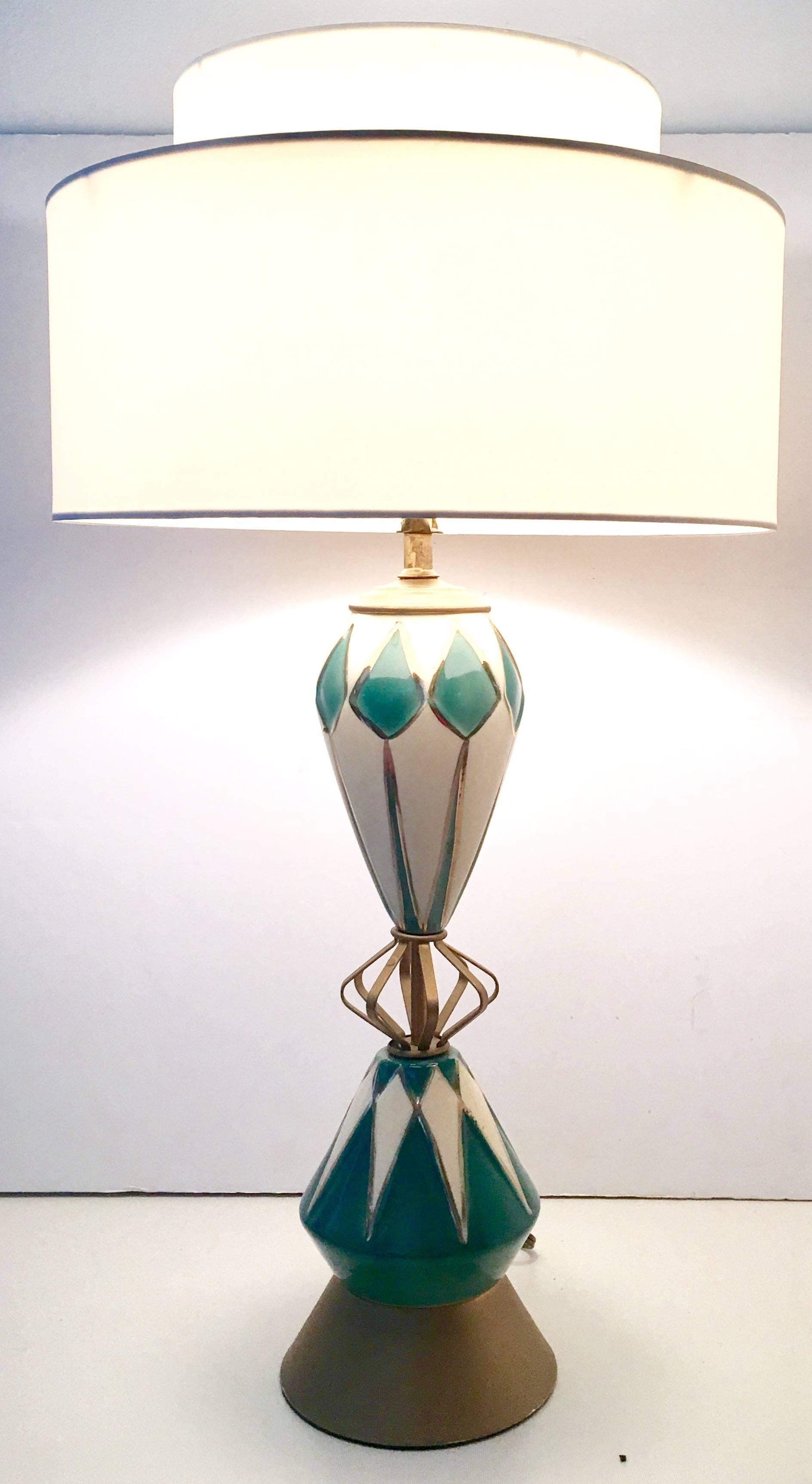 Hand-Painted Mid-Century Modern Ceramic Glaze & Brass Sputnik Table Lamp