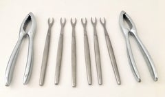 1960s Italian Stainless Steel Shell Fish Utensil and Gift Box, Set of Nine