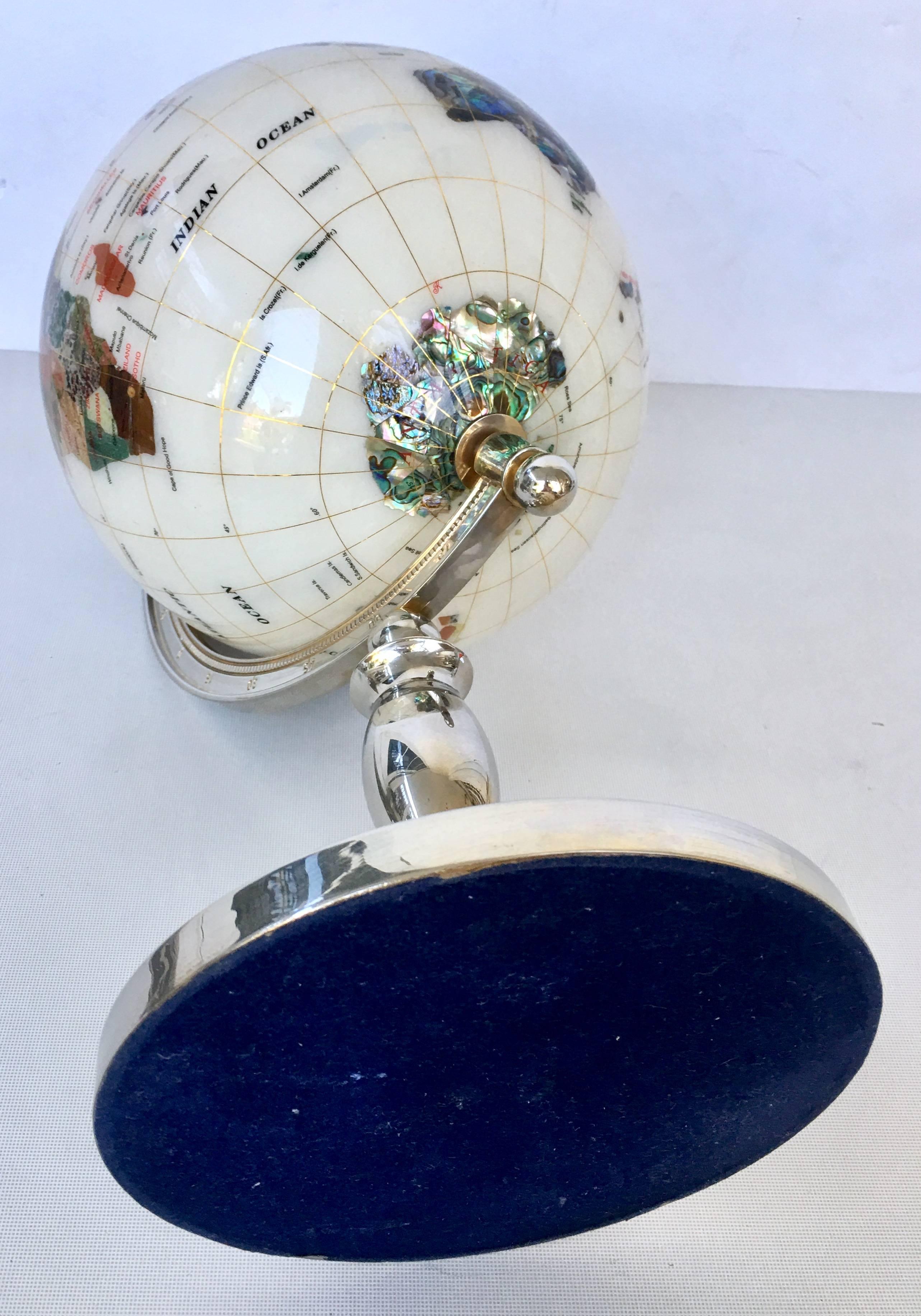 Vintage Mother-of-Pearl-Semi Gemstone and Silver Plate Pedestal Globe 1