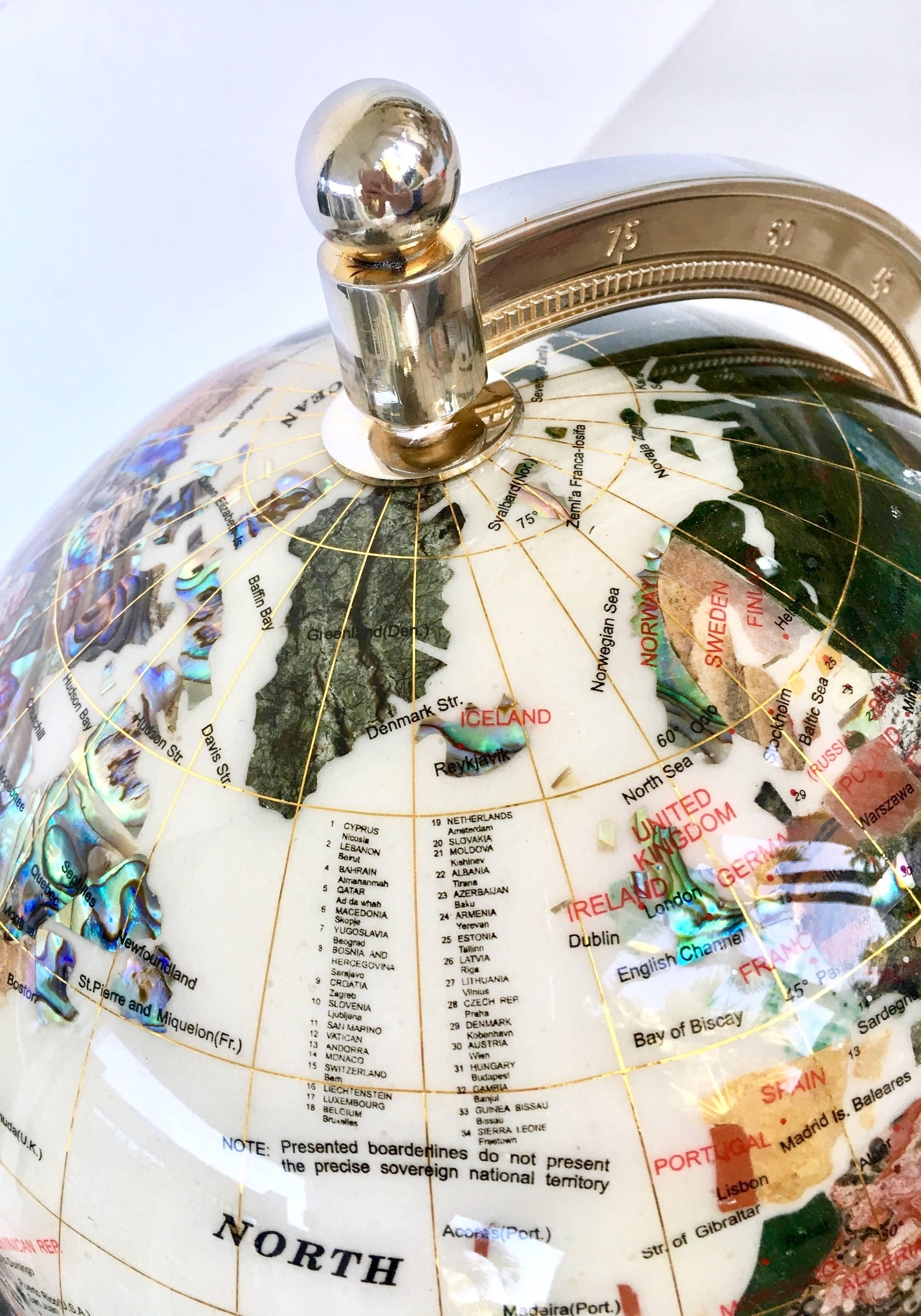 Vintage Mother-of-Pearl-Semi Gemstone and Silver Plate Pedestal Globe In Excellent Condition In West Palm Beach, FL