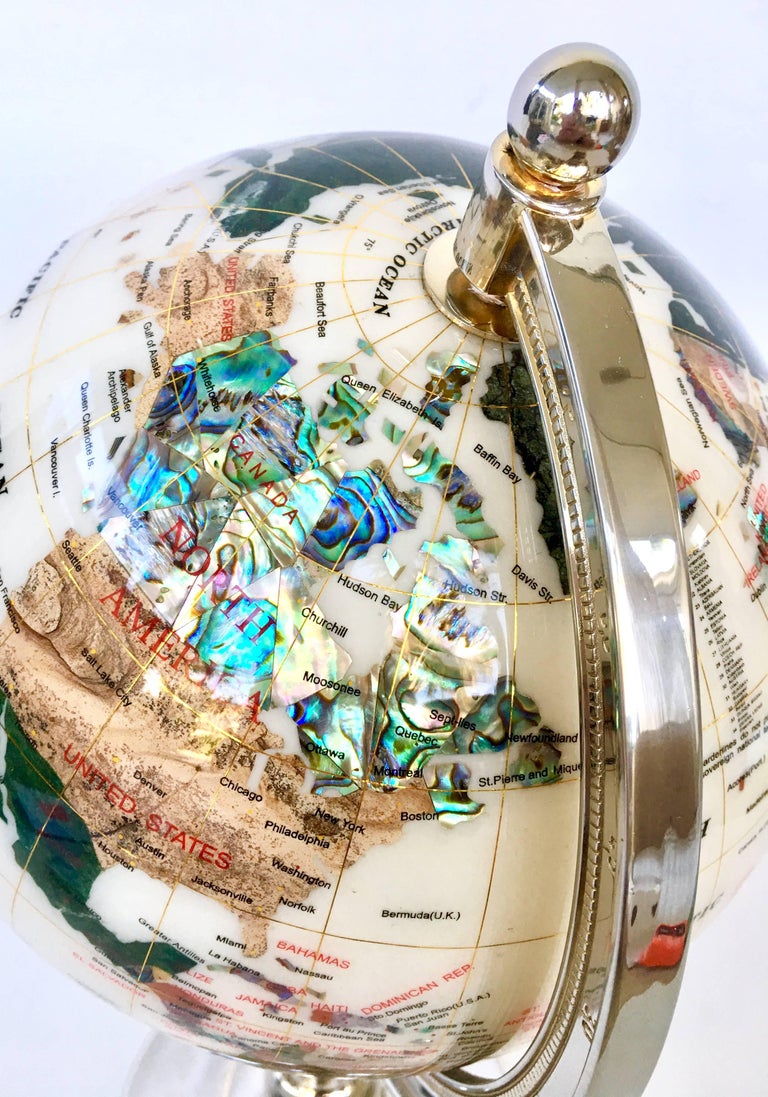 Vintage MotherofPearlSemi Gemstone and Silver Plate Pedestal Globe