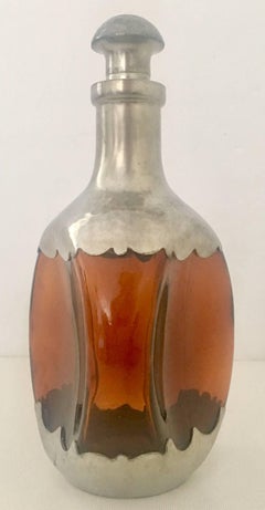 1930'S Danish Hammered Pewter & Amber Pinched Blown Glass Decanter