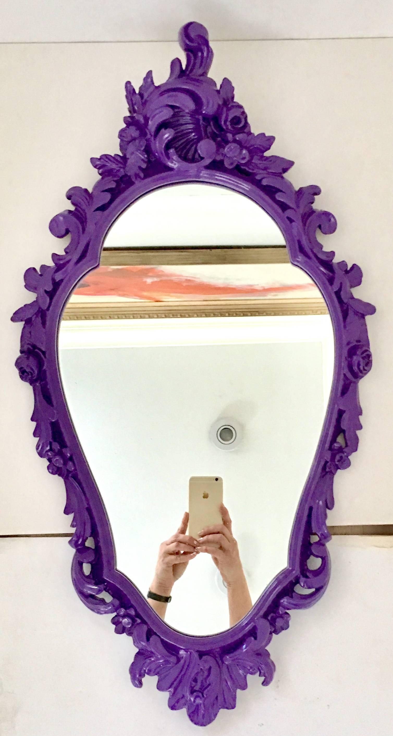 Pair of Vintage Newly Lacquered High Gloss Purple Rococo Style Wall Mirrors. Made of carved wood and ready to hang with existing hardware.
Projection from wall at top is 4.5