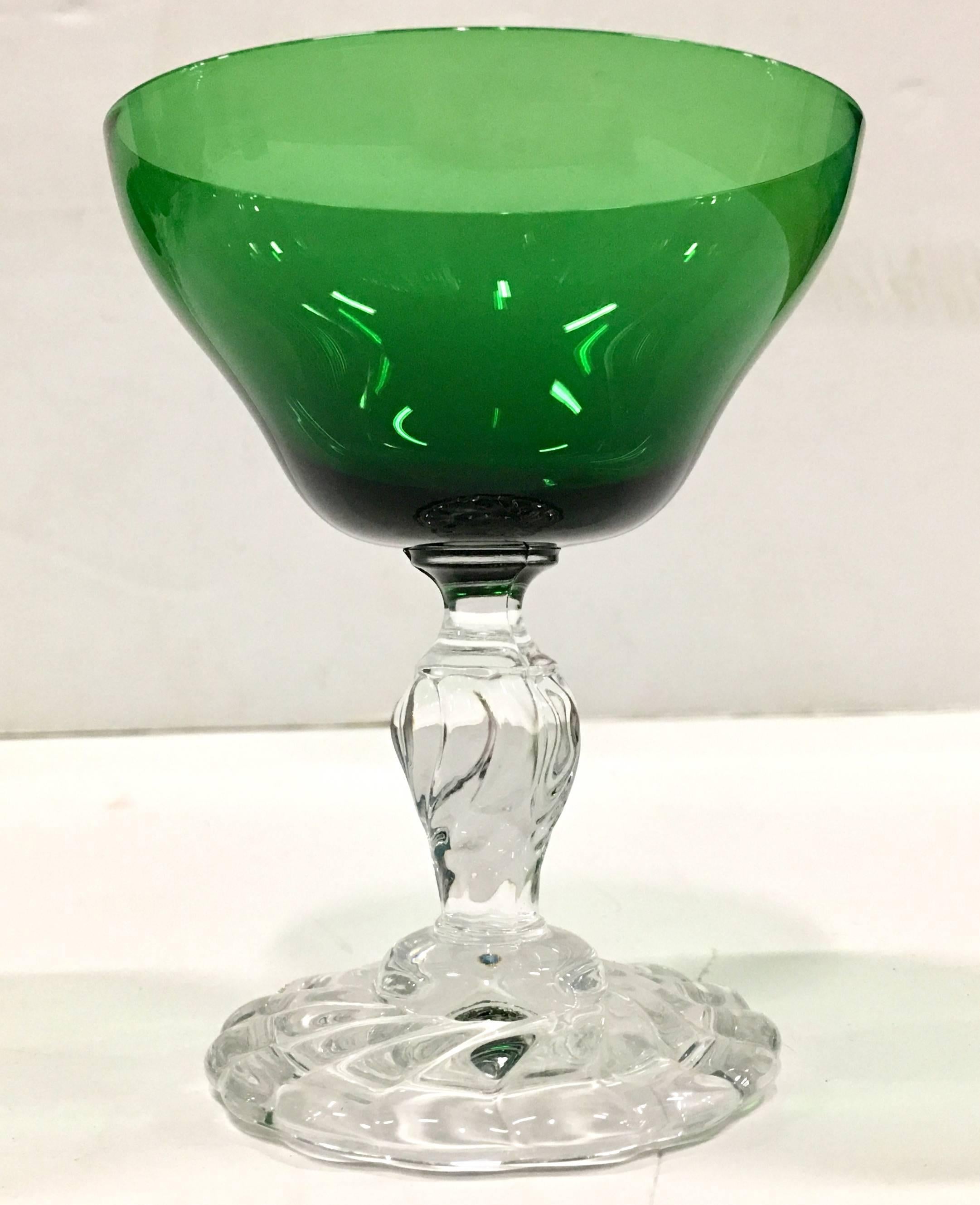 American 60'S Set/14 Emerald Green and Clear Footed Stem Drink Glasses, 