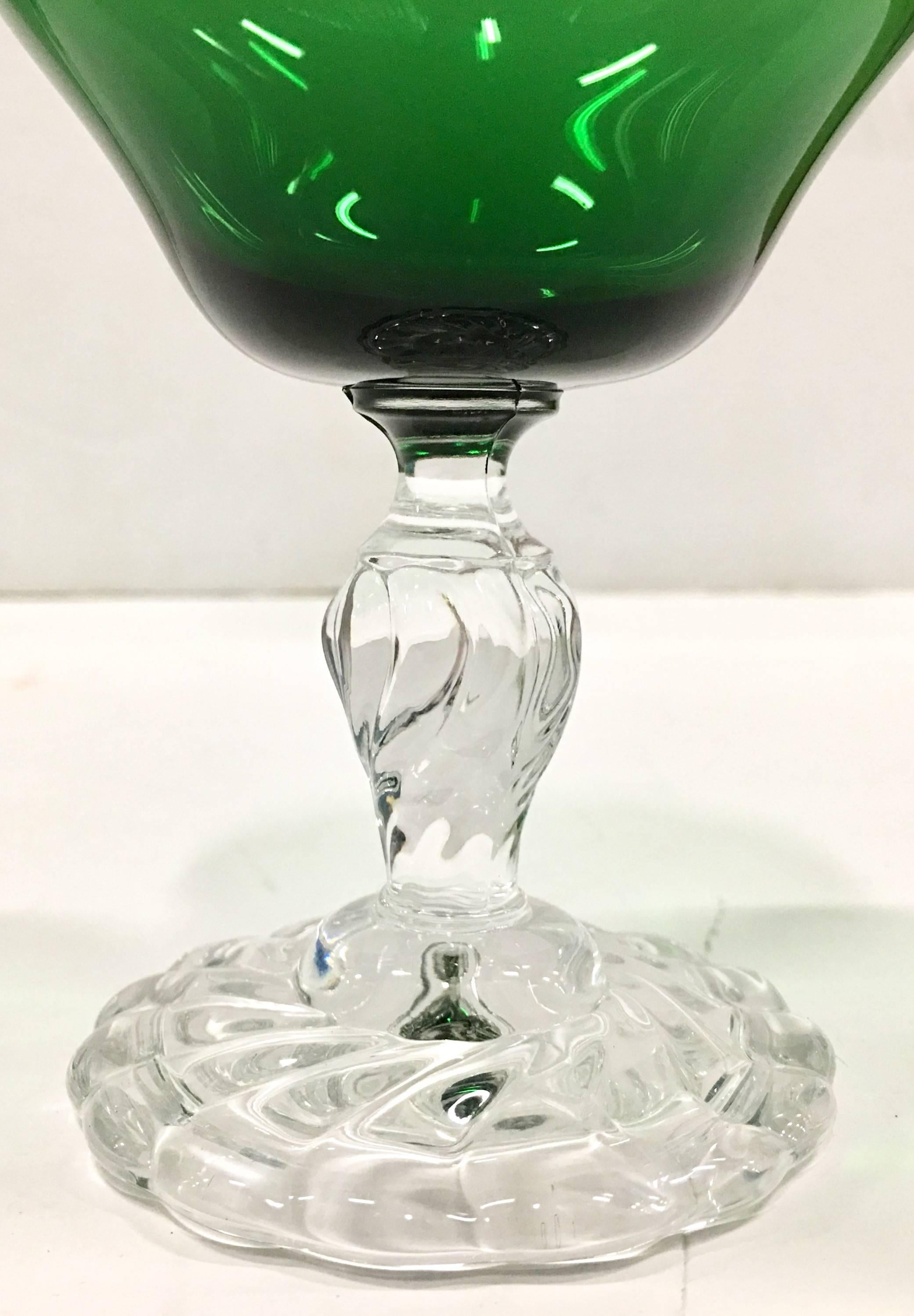 20th Century 60'S Set/14 Emerald Green and Clear Footed Stem Drink Glasses, 