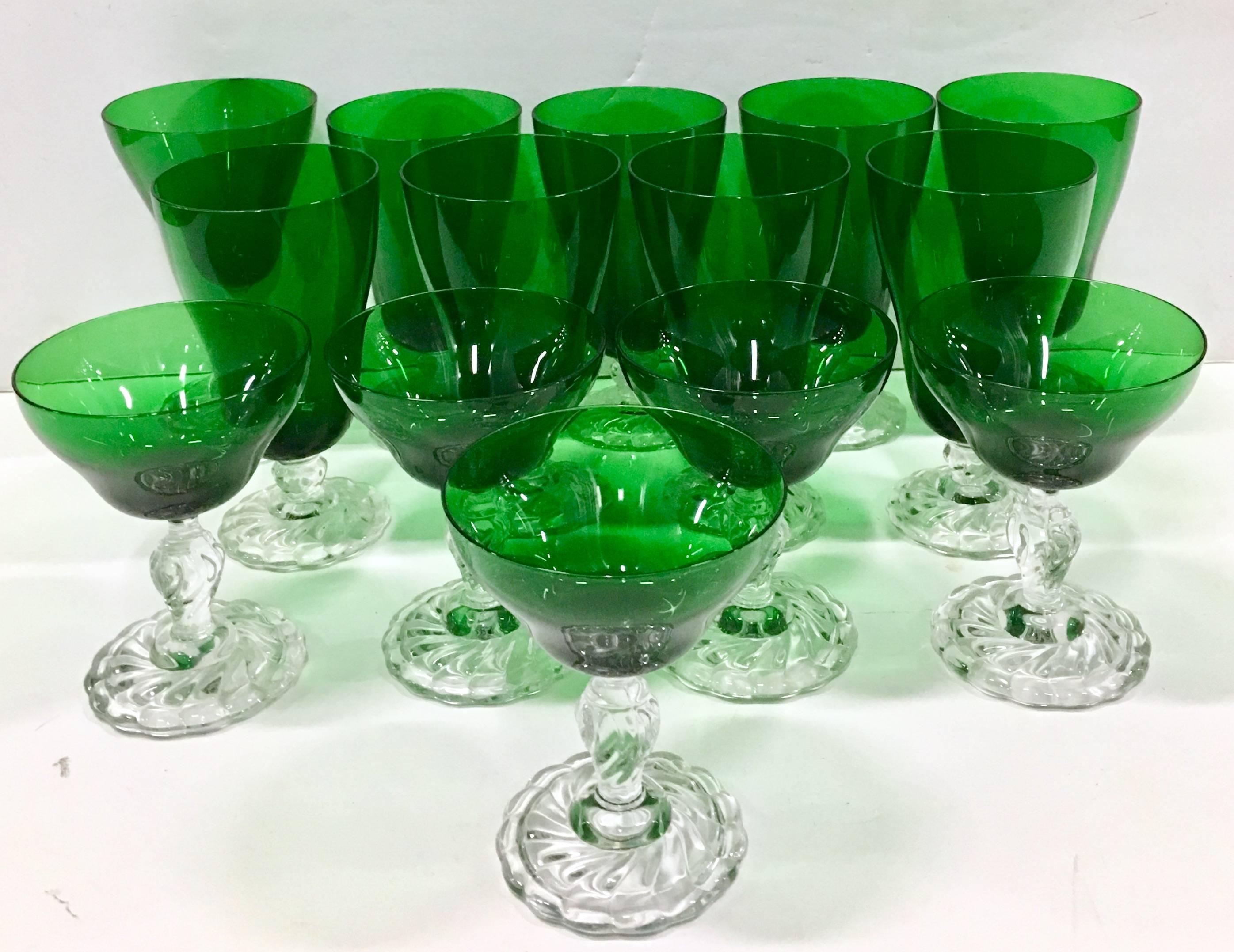 1960s Emerald Green and Clear Stem Drink Glasses, Set of Fourteen Pieces. Set Includes, nine goblets and five coupe glasses.
Coupe Glass: 4.5