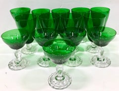 60'S Set/14 Emerald Green and Clear Footed Stem Drink Glasses,