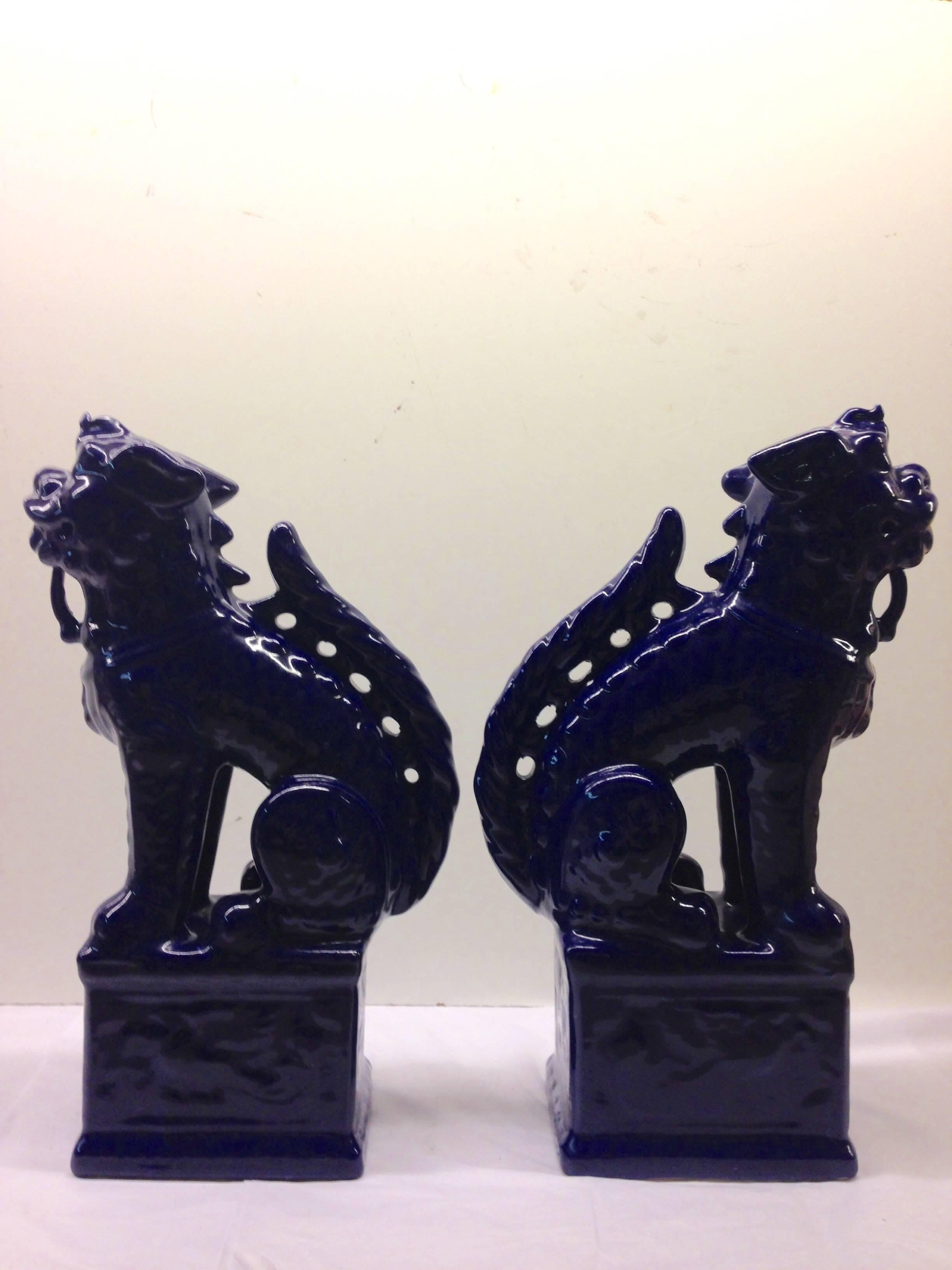 Chinese Export Contemporary Chinese Pair of Large Cobalt Ceramic Foo Lion Sculptures For Sale