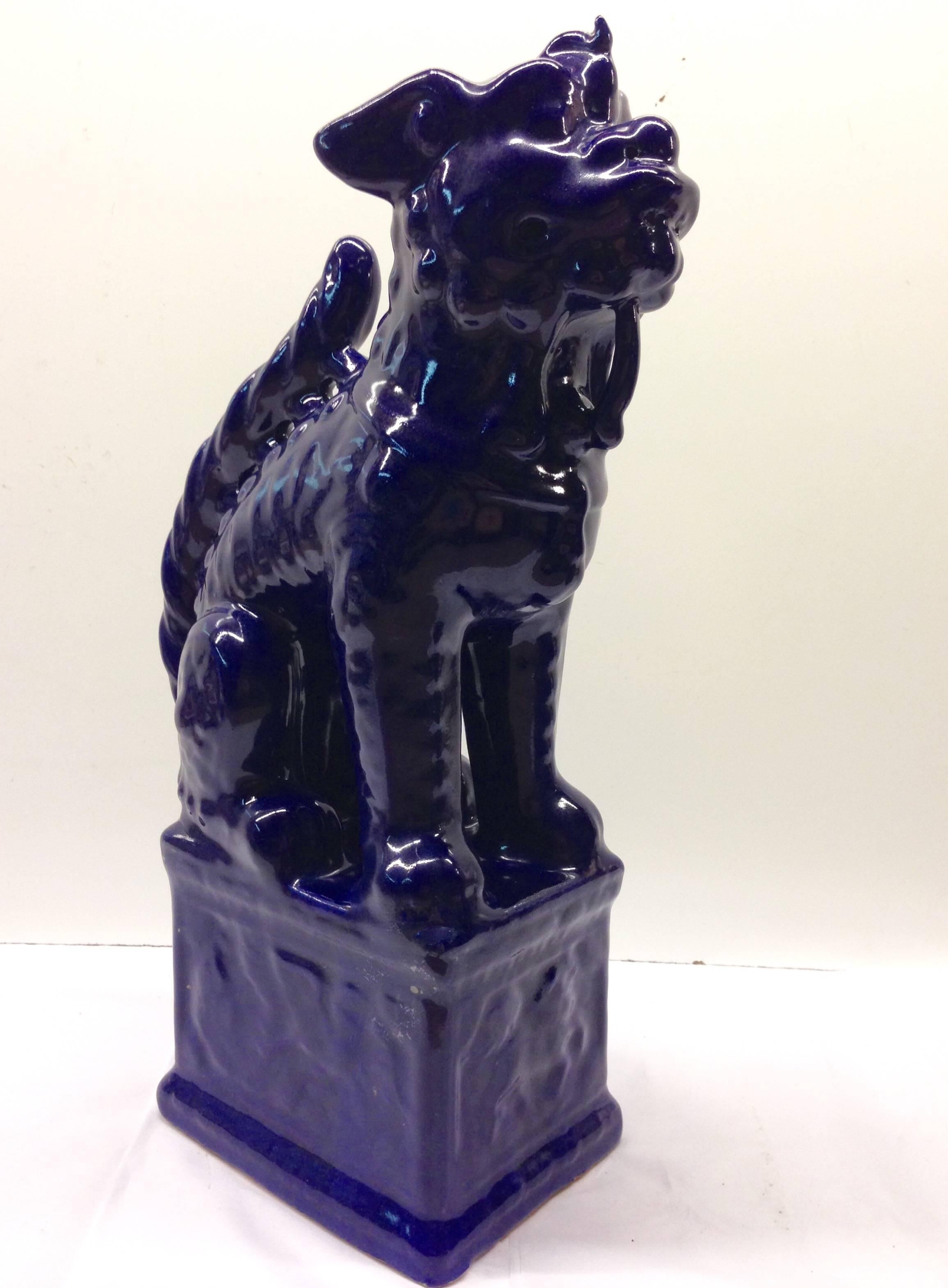 Asian Contemporary Chinese Pair of Large Cobalt Ceramic Foo Lion Sculptures For Sale