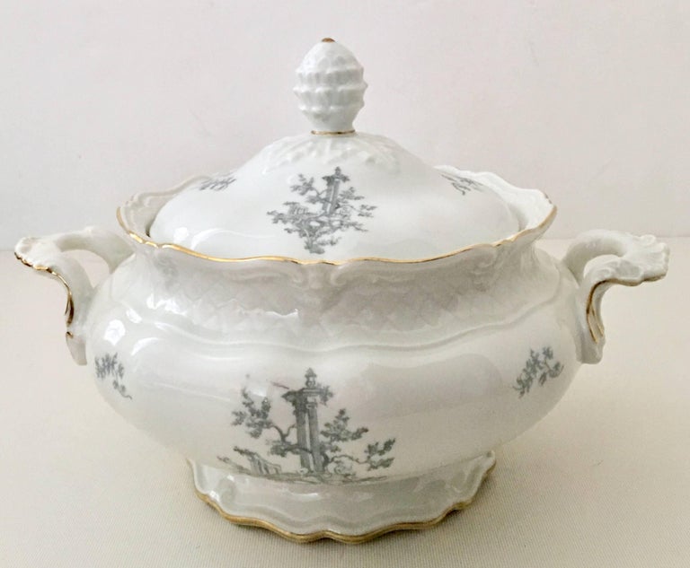 Antique Blue White and Gold German Porcelain Dinnerware Set of 26 by