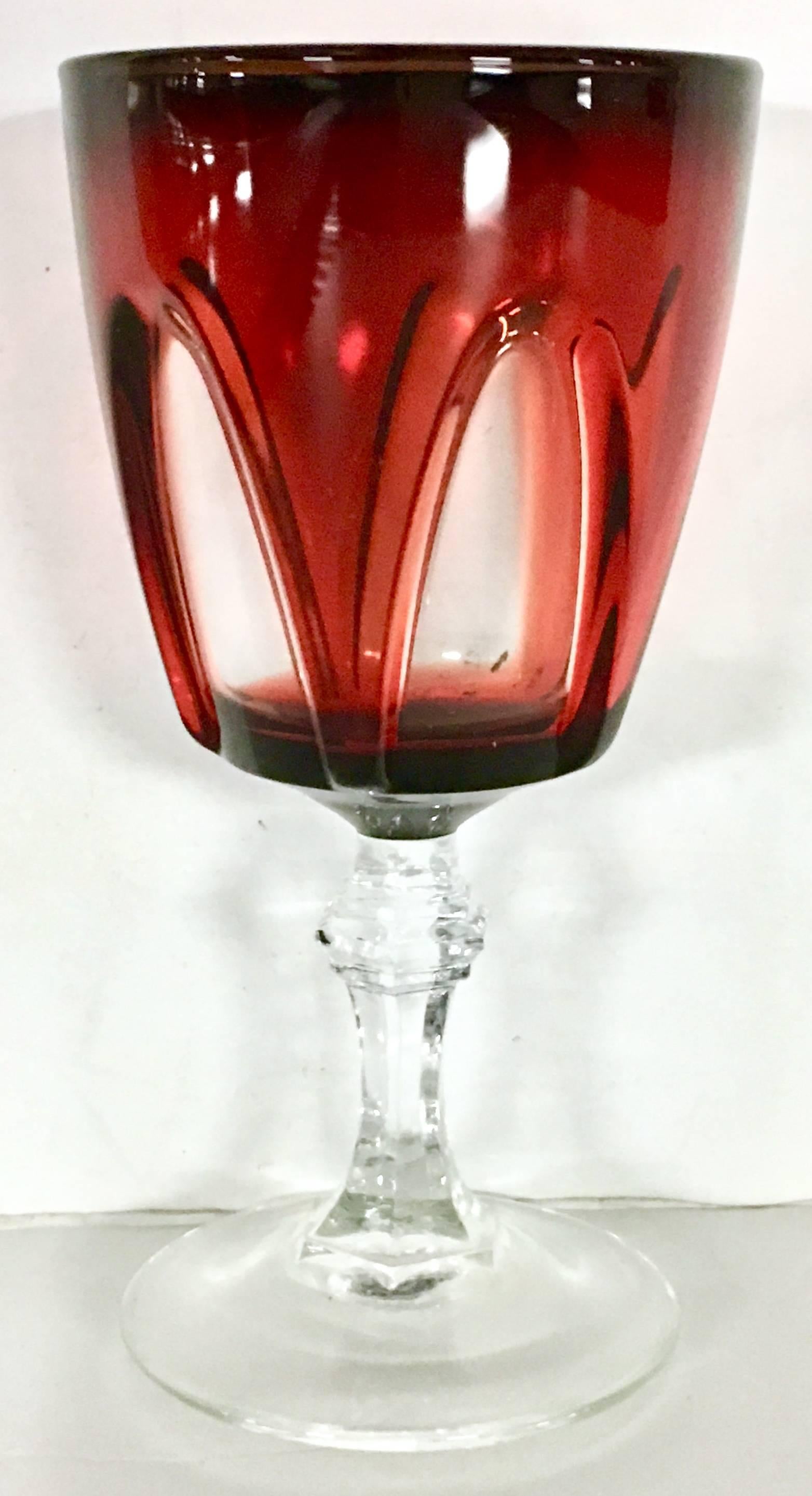1970s French Cut Crystal Ruby Stem Drink Glasses S/18 1