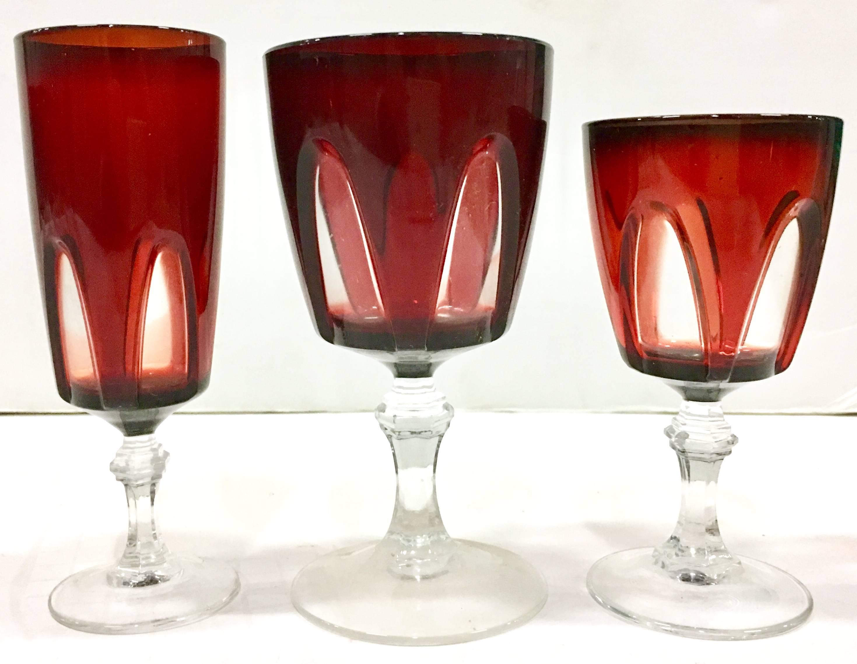 1970s French Cut Crystal Ruby Stem Drink Glasses S/18 In Excellent Condition In West Palm Beach, FL