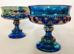 70'S Pair Of Blown Glass Iridescent Blue Compote Dish By, Indiana Glass S/2