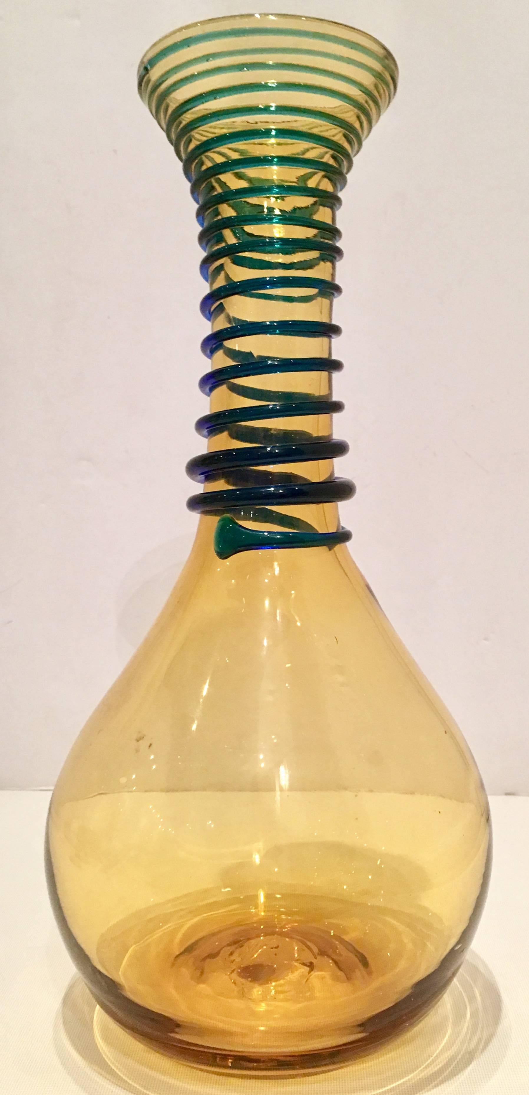 Vintage Blenko Glass amber & applied cobalt 