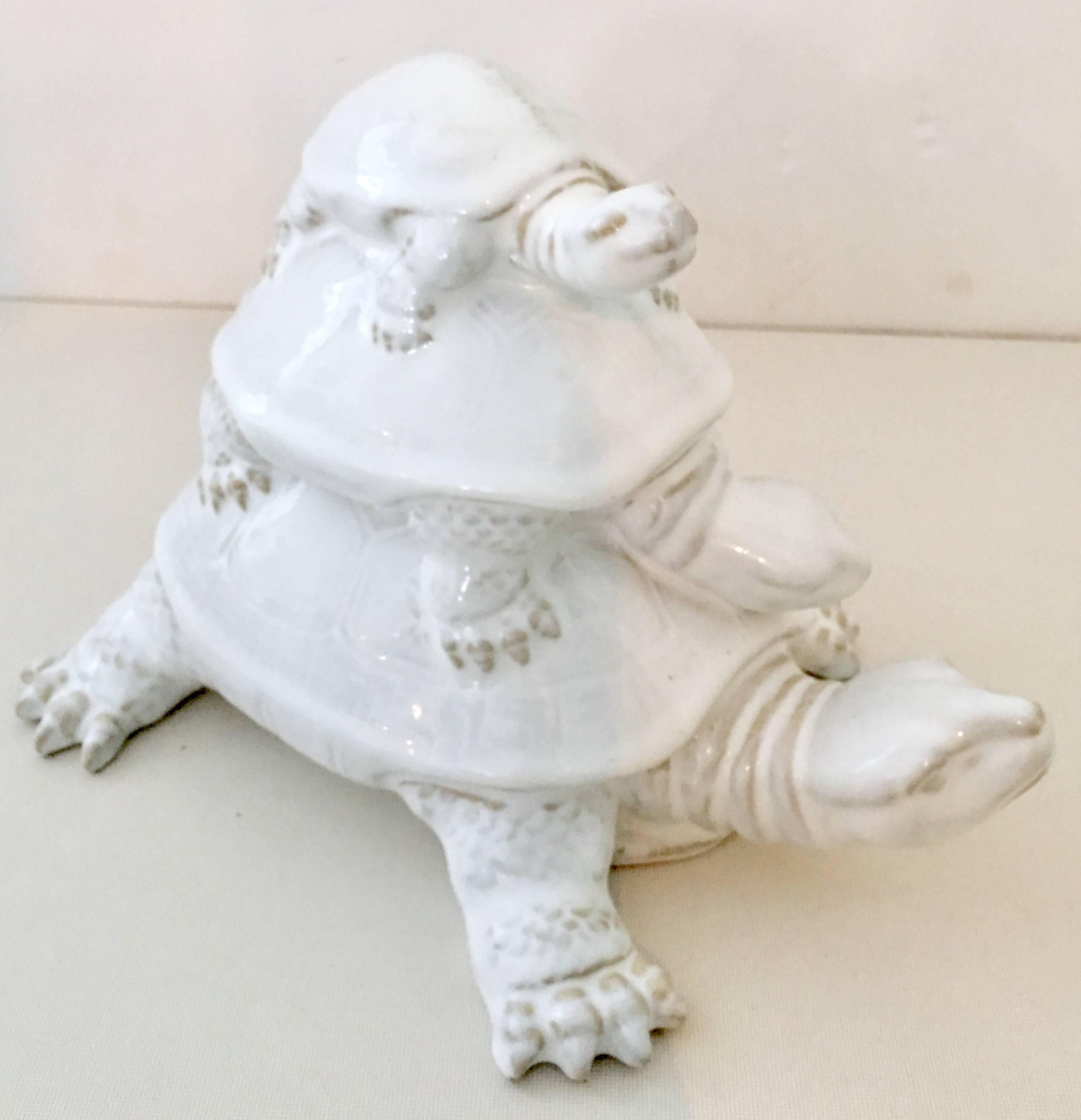 Contemporary Pair of Glazed Ceramic Triple Turtle Sculptures