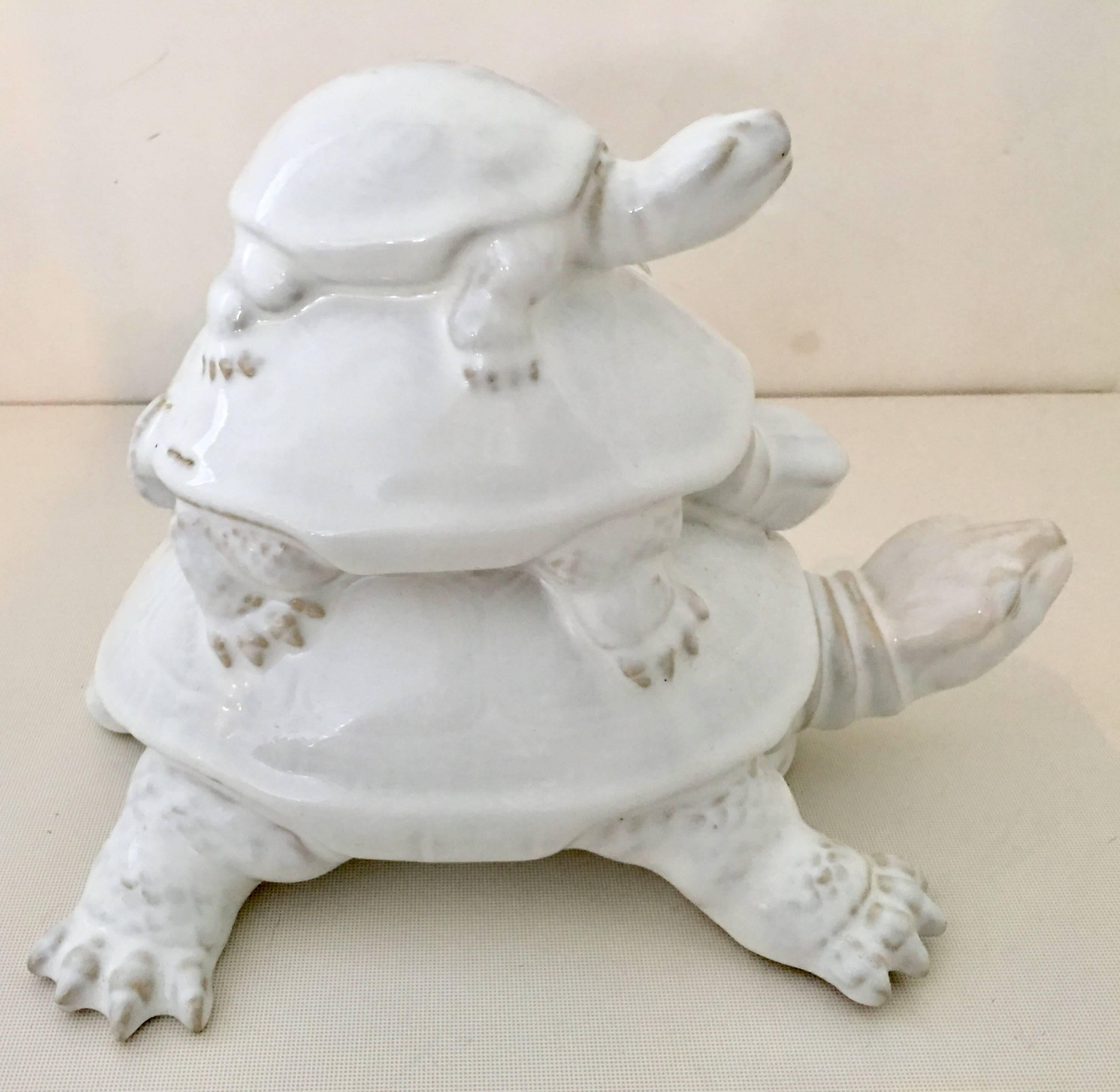 Pair of Glazed Ceramic Triple Turtle Sculptures In Excellent Condition In West Palm Beach, FL