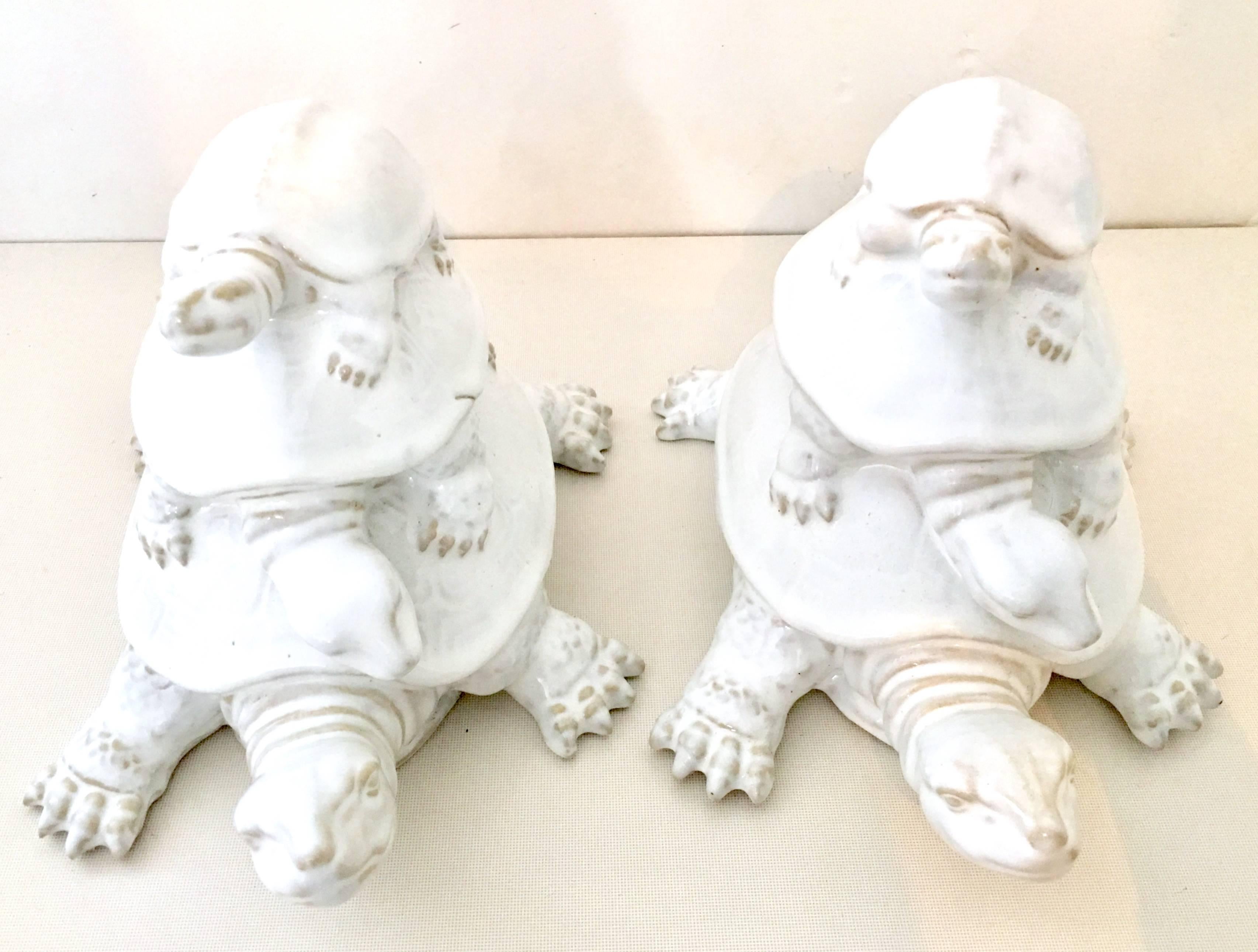 Contemporary & New Pair Of White Glazed Ceramic Triple Turtle Sculptures. Never been used, floor samples.