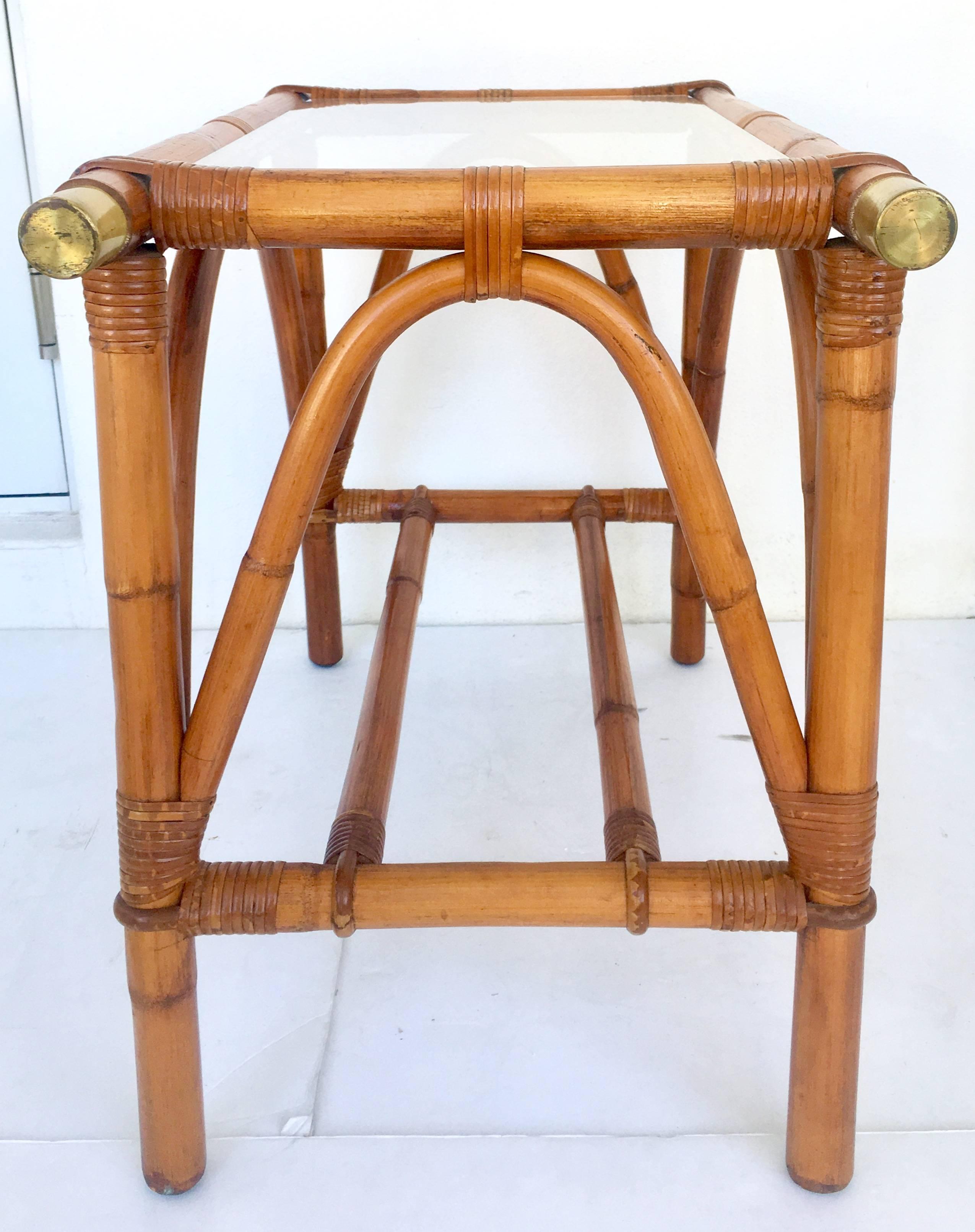 Leather Mid-Century Campaign Style Rattan & Brass Glass Top Table by Ficks Reed