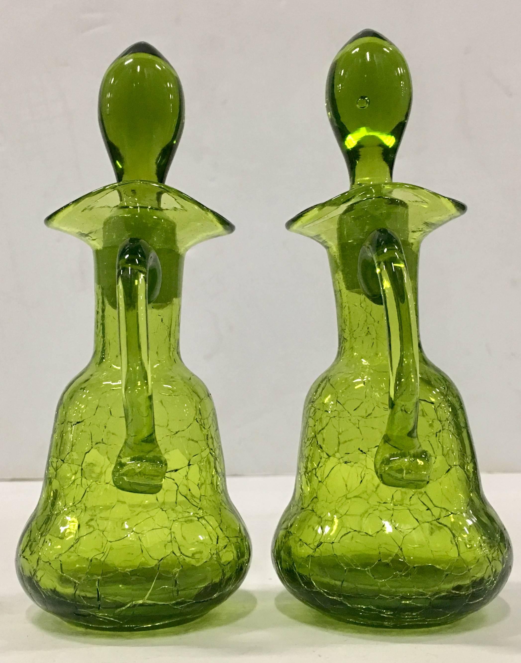 Mid-Century Modern Mid-20th Century Pair Of Blenko Style Blown Crackle Glass Cruet Decanters For Sale