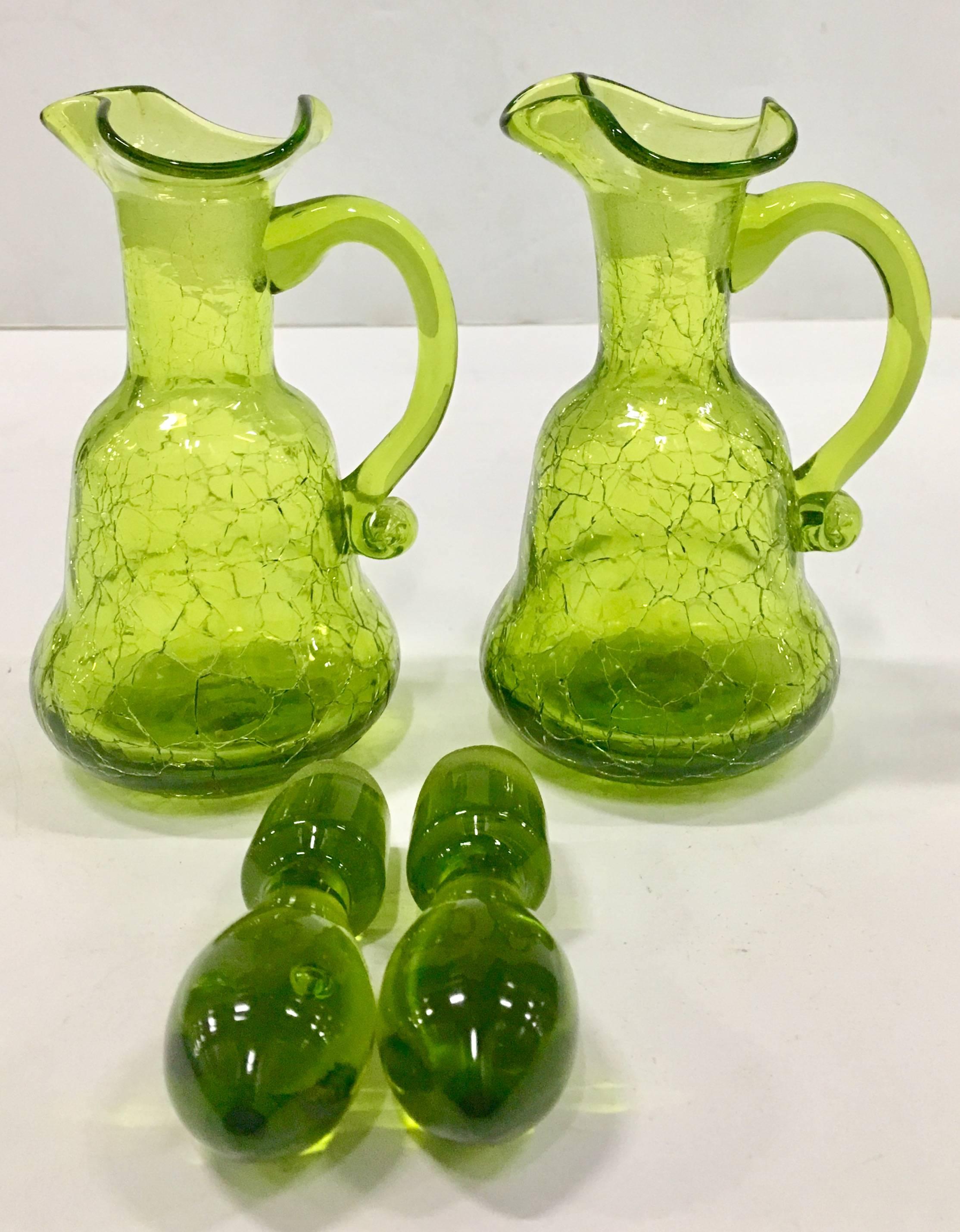 American Mid-20th Century Pair Of Blenko Style Blown Crackle Glass Cruet Decanters For Sale