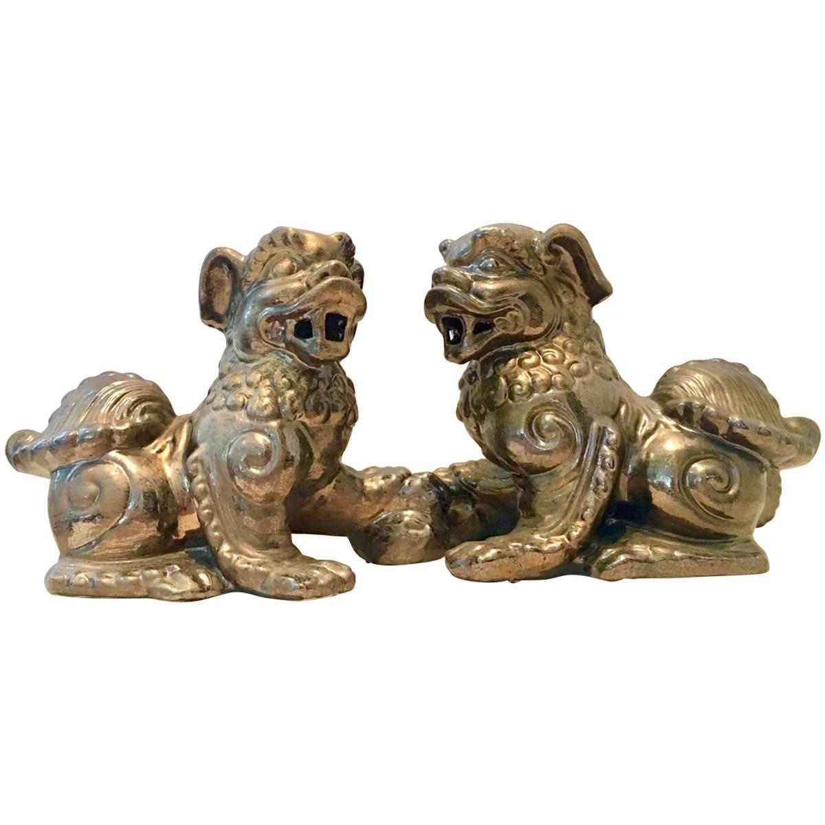 Pair of  Contemporary Gold Ceramic Glaze Foo Dog Sculptures