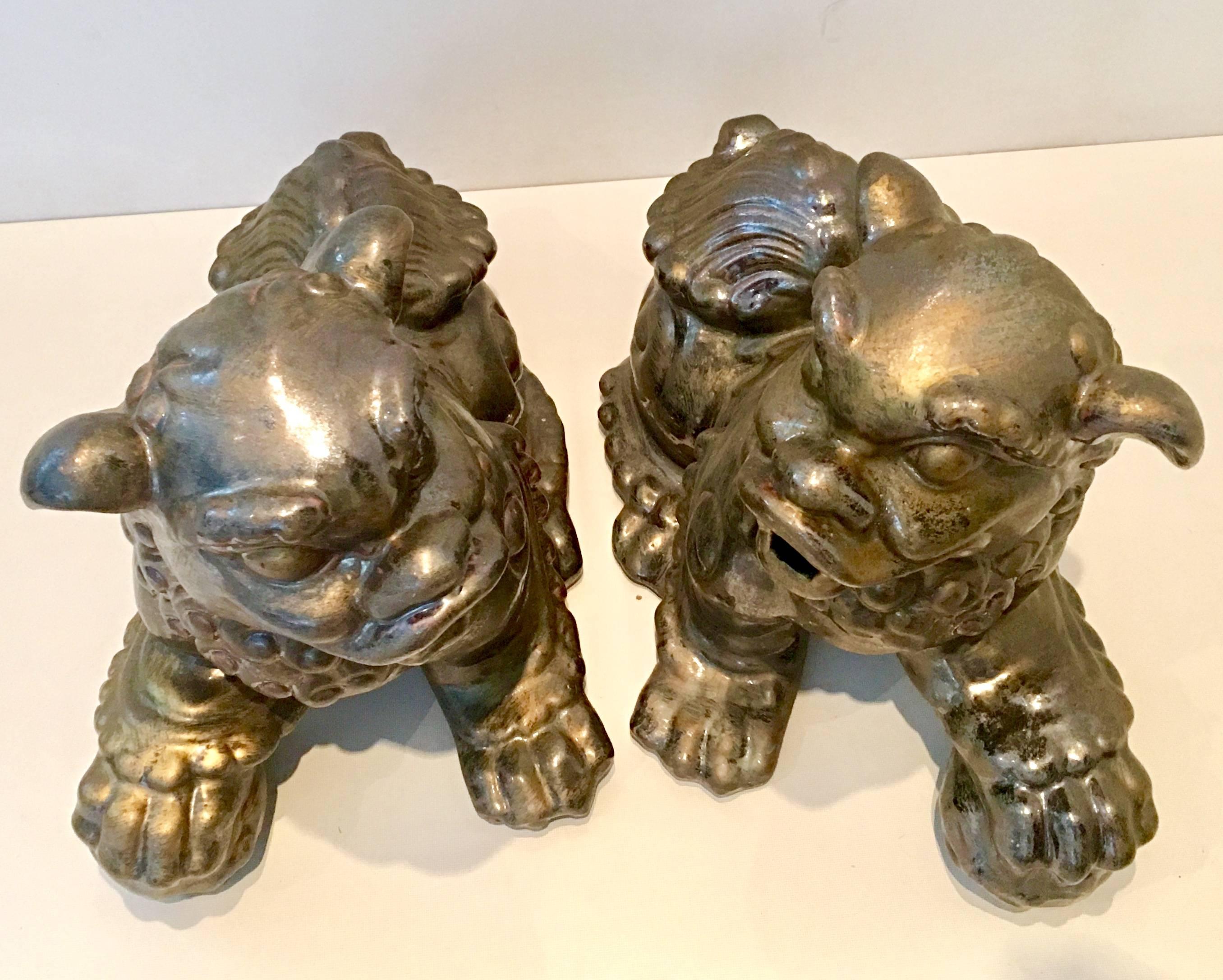 Chinese Export Pair of  Contemporary Gold Ceramic Glaze Foo Dog Sculptures