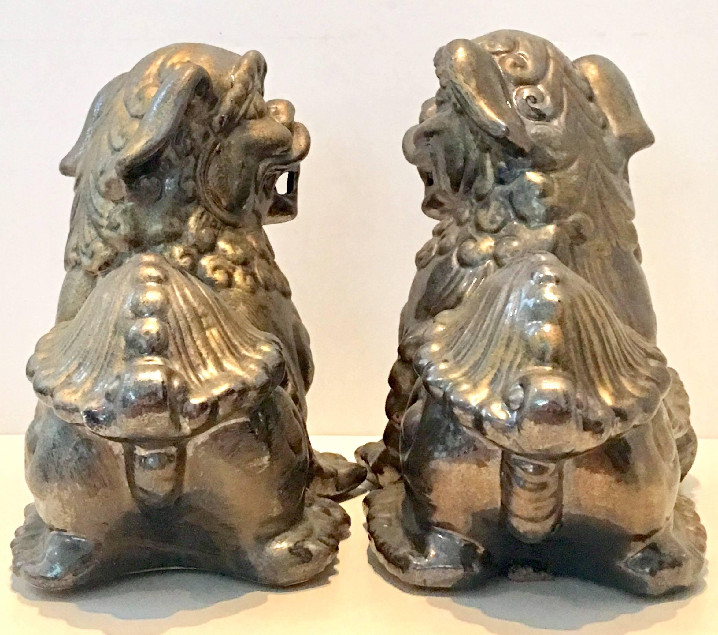 Asian Pair of  Contemporary Gold Ceramic Glaze Foo Dog Sculptures