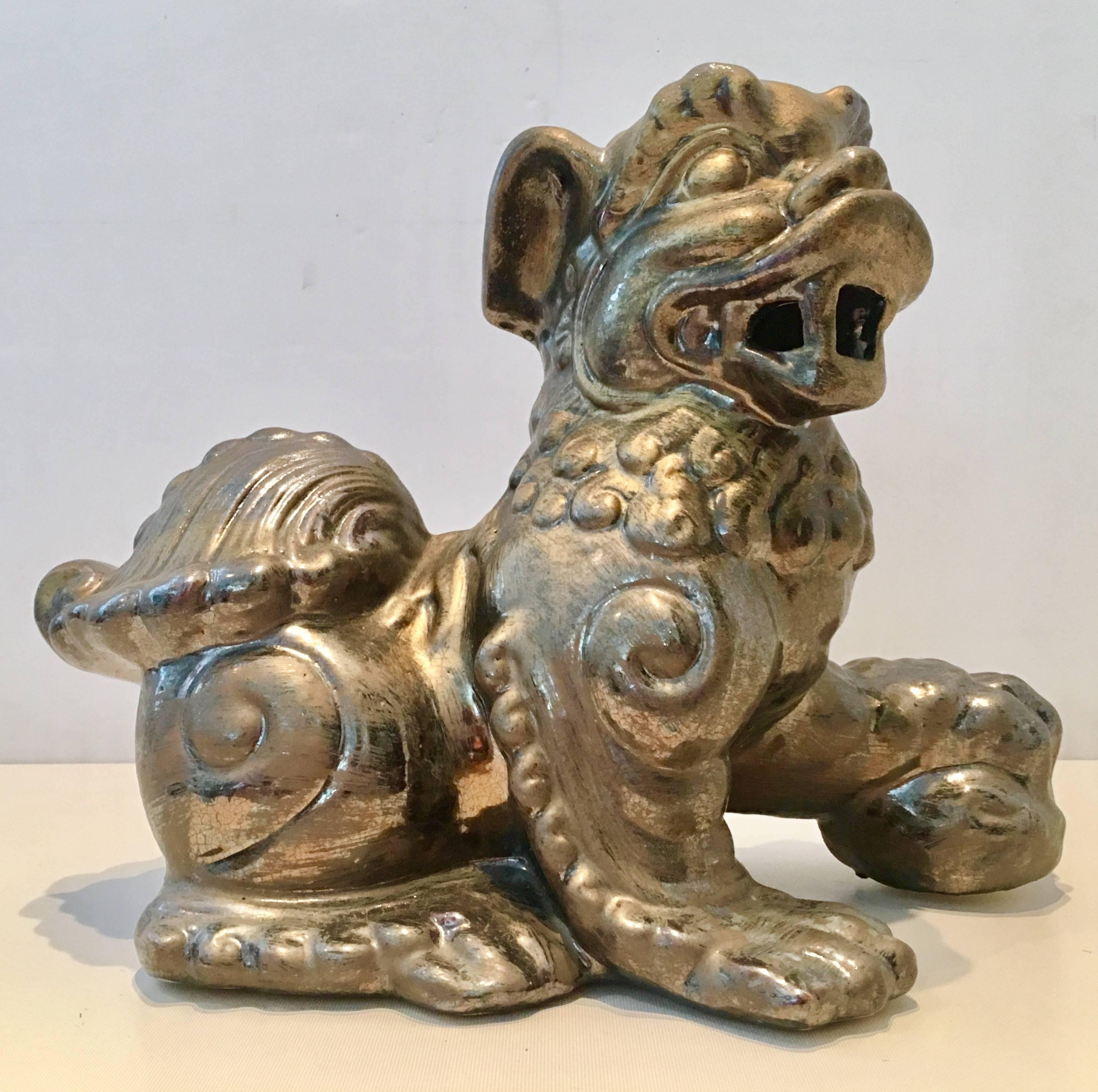 Pair of  Contemporary Gold Ceramic Glaze Foo Dog Sculptures In Excellent Condition In West Palm Beach, FL