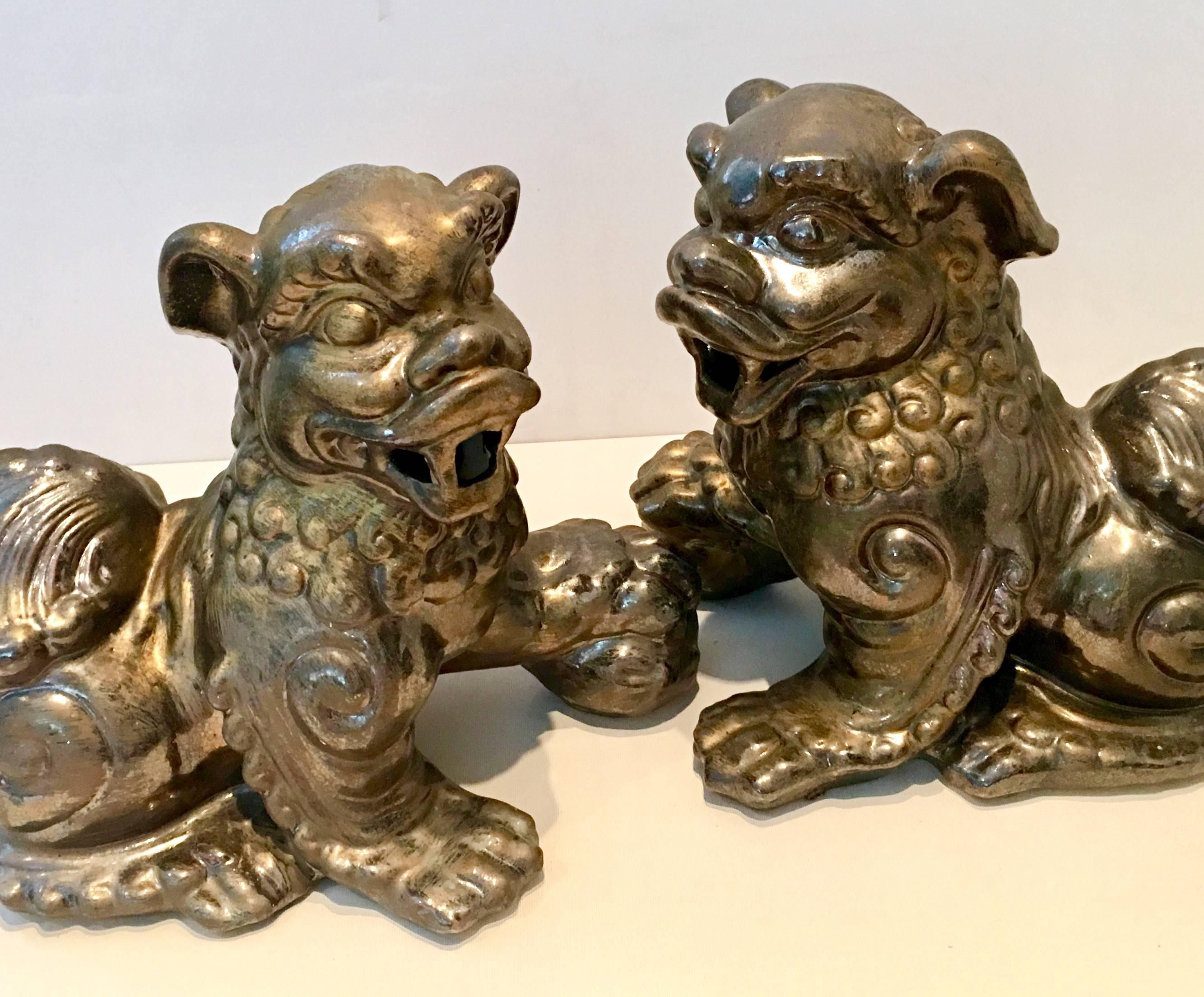 Pair of  Contemporary Gold Ceramic Glaze Foo Dog Sculptures 1