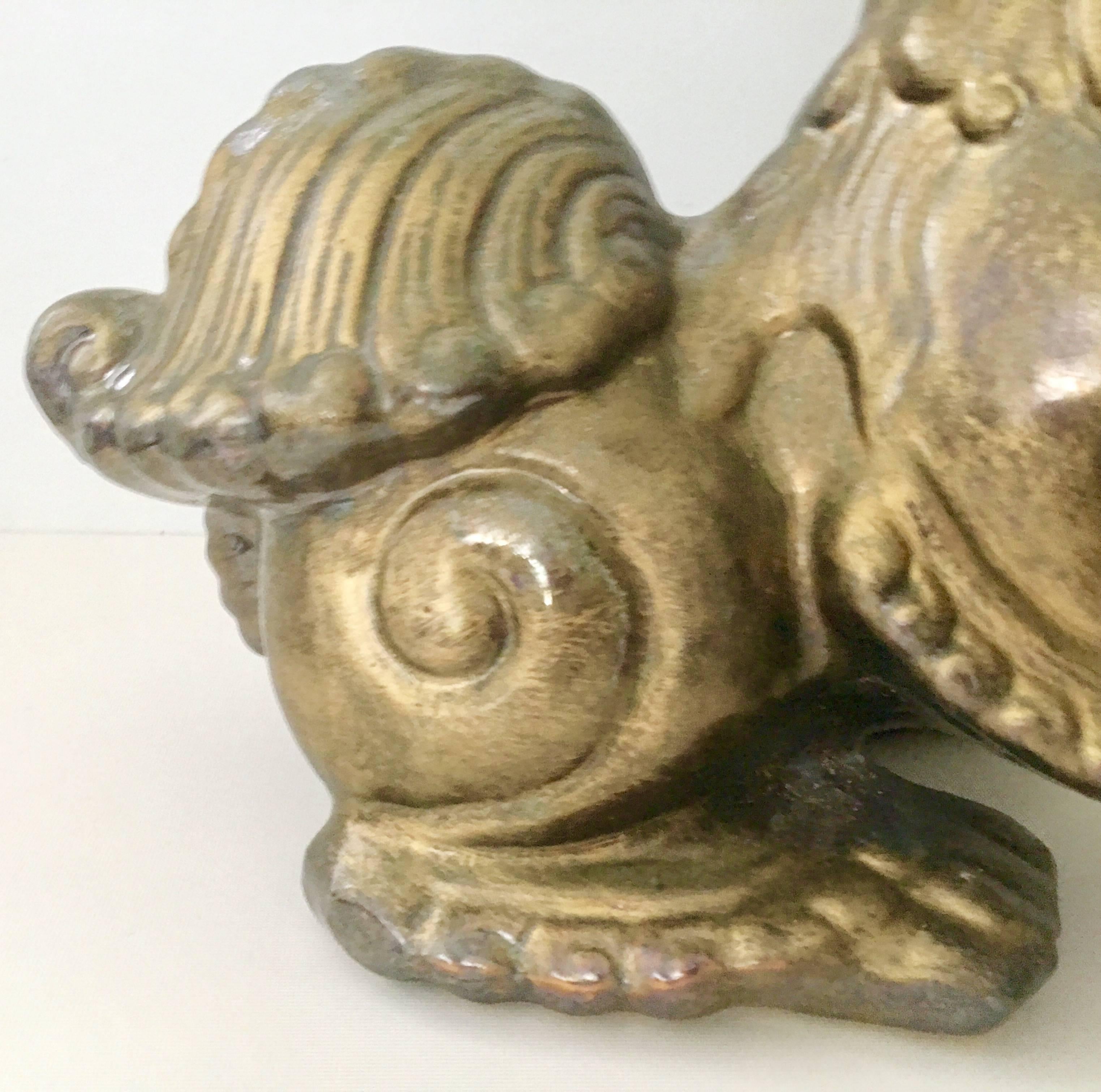 Pair of  Contemporary Gold Ceramic Glaze Foo Dog Sculptures 2