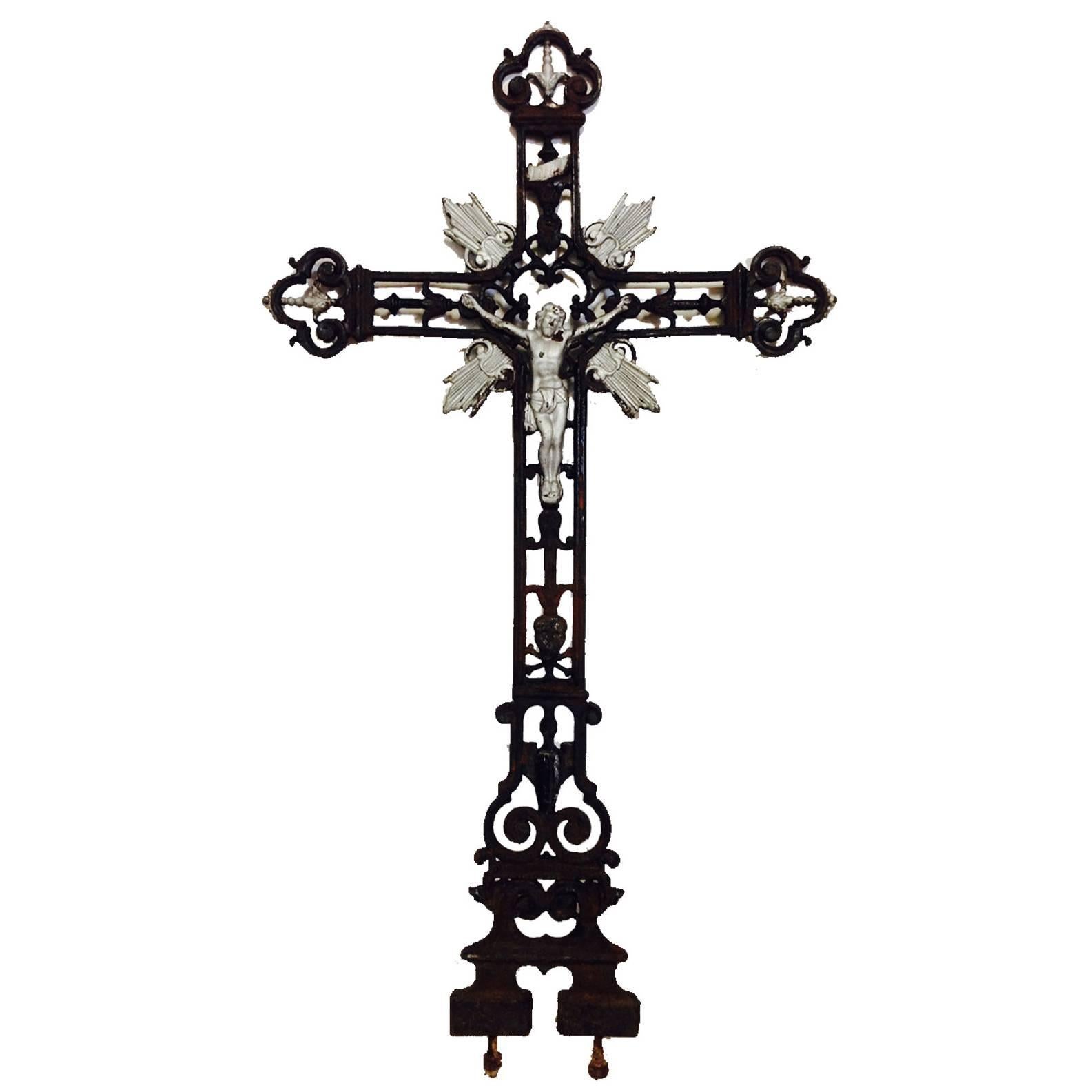 20th Century French Art Deco Style Architectural Cast Iron Grave Marke Crucifix